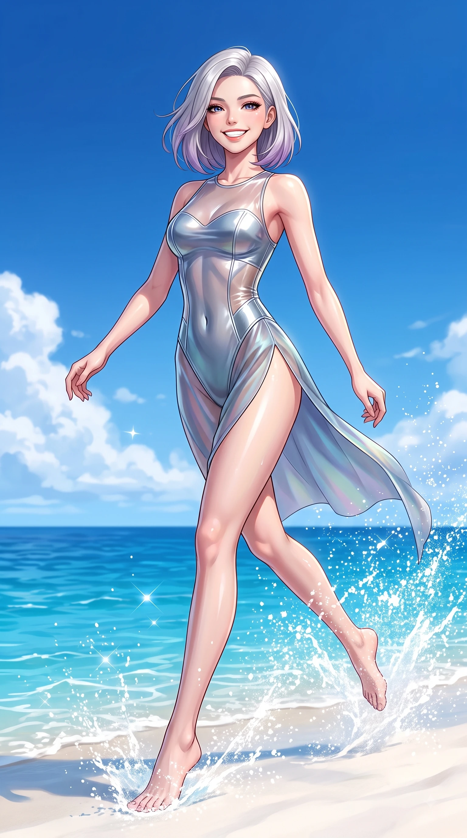 score_9, masterpiece, best quality, ultra-detailed, high-budget anime keyframe, editorial fashion photography, tasteful artistic composition, Caucasian woman. low angle full-body shot from head to toe showing her feet, filling the entire 9:16 vertical frame with her statuesque presence, stretching her vertical silhouette. stepping forward in a proud dynamic stride with a cheerful beaming smile, her vertical silhouette filling the frame while leaping with a radiant bright smile into the sparkling sea spray under a clear blue sky, soft white sand contrasting beautifully with rich ocean azure and vibrant sky blue hues. She has an absolutely perfect, statuesque 8.5-heads proportion, an exceptionally tall and slender model-like female figure with impossibly long slender legs and an ultra-slim waist. sharp v-shaped jawline, high-bridge nose, intricate jewel-like eyes with depth, thick eyelashes, glossy lips with a natural sheen, flawlessly proportioned anatomical accuracy, natural body alignment, perfectly sculpted elegant limbs, clean dynamic posture without body distortion. wearing a high-cut translucent vinyl leotard with front paneling and open back in slate blue and metallic silver, crafted from iridescent chiffon that shifts colors in the light, finished with a sleek side slit ascending to mid-thigh, the glove-like fit emphasizing her statuesque silhouette during motion. surrounded by a bright, pristine beach ambiance with cheerful specular highlights. highly saturated vibrant anime colors, detailed shading with soft gradients, rich glossy textures, high-contrast stereoscopic depth, volumetric dynamic lighting, master piece, 9:16 ratio