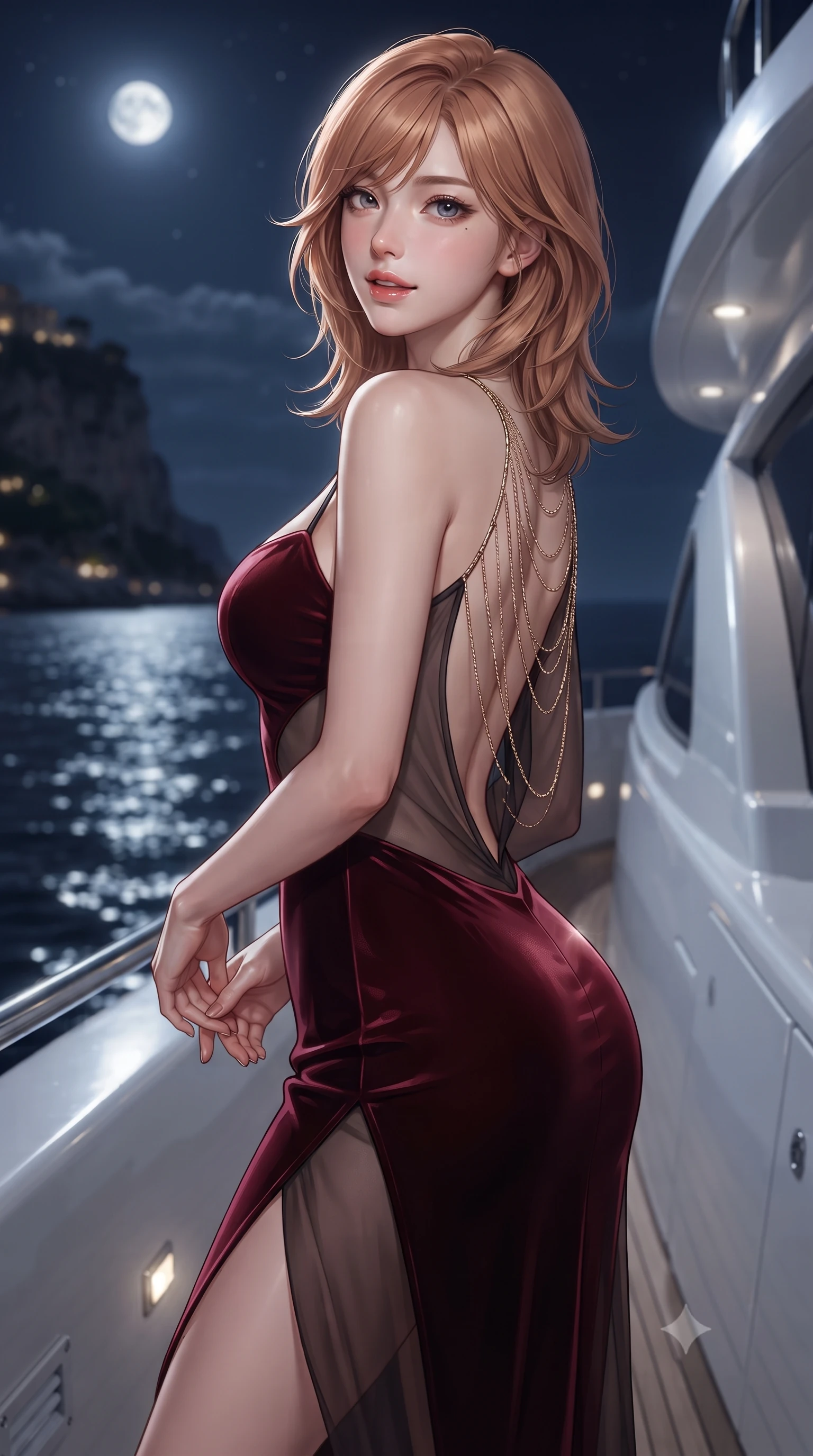 score_9, masterpiece, best quality, ultra-detailed, high-budget anime keyframe, editorial fashion photography, tasteful artistic composition, Korean woman. close-up cowboy shot from the waist and thighs up, the character dominates the composition, filling the frame with her large presence. posing in an alluring rear three-quarter angle, looking over a bare shoulder with parted glossy lips, her hips cocked back to highlight her slim hourglass curve while twisting her slender torso in an alluring S-curve against the polished white superstructure, silvery moonlight tracing her waist and hip curves. The background shows a soft-focus the dark shimmering Mediterranean sea, distant coastal cliffside lights, and celestial full moon blurred into deep navy, silver, and gold bokeh. She has an exceptionally elegant, slender, and willowy female figure with an ultra-slim waist, flat toned midriff, narrow ribcage, and sculpted feminine hips creating an alluring, slim hourglass silhouette without bulk. sharp v-shaped jawline, high-bridge nose, sparkling eyes with hypnotic seductive depth, thick curled eyelashes, glossy parted lips with a natural dewy peach sheen, alluring bedroom-eyes with an enchanting coquettish smile, exuding magnetic siren charisma and sophisticated high-fashion glamour, flawlessly proportioned anatomical accuracy, strict slender model proportions, natural body alignment, perfectly sculpted long slender limbs, ultra-slim waistline, clean dynamic posture without body distortion. wearing a deep sweetheart-neckline velvet bodycon dress with sheer side-torso cutouts accentuating her hourglass curves in rich cherry lacquer and smoky charcoal, made of sheer gossamer chiffon that drapes softly against skin with airy translucence, accented with an open-back drape framed by falling strands of delicate gold chains, the high-slit wrap tailoring accentuating her ultra-slim waistline and the enchanting curve of her feminine hips with alluring seductive charm. illuminated by ocean moonbeam bounce and sharp platinum rim lights sculpting her jawline, flat midriff, and curvaceous hips. ultra-reflective glossy finish, specular highlights, rich textural contrasts, high-contrast stereoscopic depth, volumetric dynamic lighting, 2k, ultra detail, master piece, 9:16 ratio