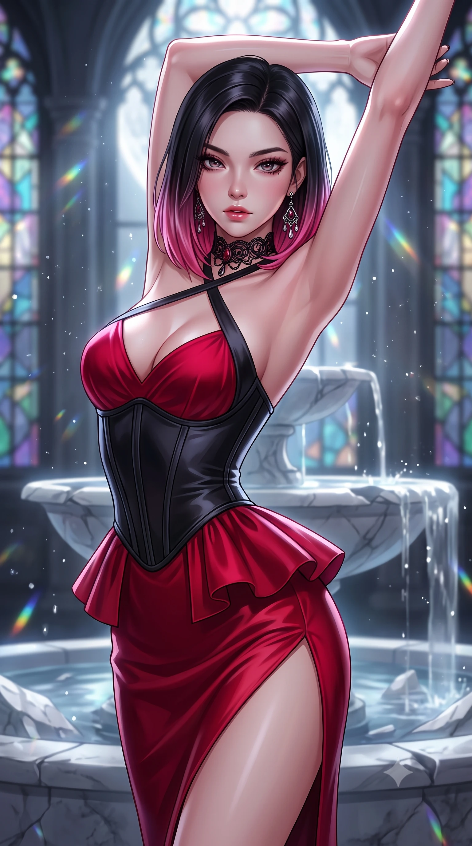 score_9, masterpiece, best quality, ultra-detailed, high-budget anime keyframe, semi-realistic 3D game render, editorial fashion photography, tasteful artistic composition, Korean woman. close-up cowboy shot from the waist and thighs up, the character dominates the composition, filling the frame with her large presence. arching her back languidly with arms stretching overhead, highlighting her narrow waist and feminine silhouette in pure supermodel elegance while arching her spine in a fluid, serpentine curve against a shattered marble fountain as silver moonlight filters through stained glass. The composition keeps background elements in soft focus with creamy bokeh. shimmering lunar prism refractions and floating dust motes scattering velvet light across the glasshouse. She has an exceptionally elegant, slender, and willowy female figure with an ultra-slim waist, a gracefully sculpted slender torso, toned flat midriff, and a refined slim silhouette. sharp v-shaped jawline, high-bridge nose, intricate jewel-like eyes with depth, thick eyelashes, glossy parted lips with a natural sheen, intensely captivating and seductive expression, flawlessly proportioned anatomical accuracy, strict slender model proportions, natural body alignment, perfectly sculpted long slender limbs, ultra-slim waistline, clean dynamic posture without body distortion. wearing an architectural peplum corset dress with crossed back straps and a high side slit in dramatic crimson and polished obsidian, made of fluid silk crepe with delicate inner corsetry boning, finished with a dramatic filigree Victorian choker and chandelier earrings, the liquid-tight tailored fabric emphasizing every curve of her tall, slender model proportions and sculptured silhouette during dynamic movement. surrounded by a seductive, aristocratic, and dangerously alluring vampire queen aura. highly saturated vibrant anime colors, detailed shading with soft gradients, rich glossy textures, high-contrast stereoscopic depth, volumetric dynamic lighting, master piece, 9:16 ratio
