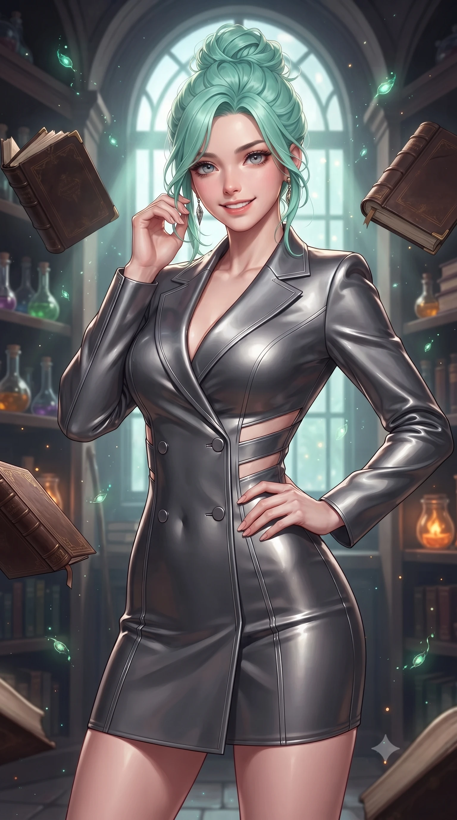 score_9, masterpiece, best quality, ultra-detailed, high-budget anime keyframe, editorial fashion photography, tasteful artistic composition, Japanese woman. close-up cowboy shot from the waist and thighs up, the character dominates the composition, filling the frame with her large presence, background elements kept in soft focus. Smiling with quiet, magnetic self-assurance directly into the lens navigating an arcane library with floating leather-bound books and glass flasks, glowing herbal spores drifting in magical sunbeams filtering through glass. She has an exceptionally elegant, slender, and willowy female figure with an ultra-slim waist, a gracefully sculpted slender torso, and a refined silhouette. sharp v-shaped jawline, high-bridge nose, intricate jewel-like eyes with depth, thick eyelashes, glossy lips with a natural sheen. wearing a double-breasted blazer dress with metallic pin-stripes in charcoal grey and platinum, formed from sleek second-skin neoprene, featuring subtle geometric cutouts that highlight her ultra-slim midriff, the form-contouring material highlighting her ultra-slim waist and long lines. illuminated by amber potion flames and sparkling spore highlights. ultra-reflective glossy finish, specular highlights, metallic sheen, high-contrast stereoscopic depth, volumetric dynamic lighting, 2k, ultra detail, master piece, 9:16 ratio