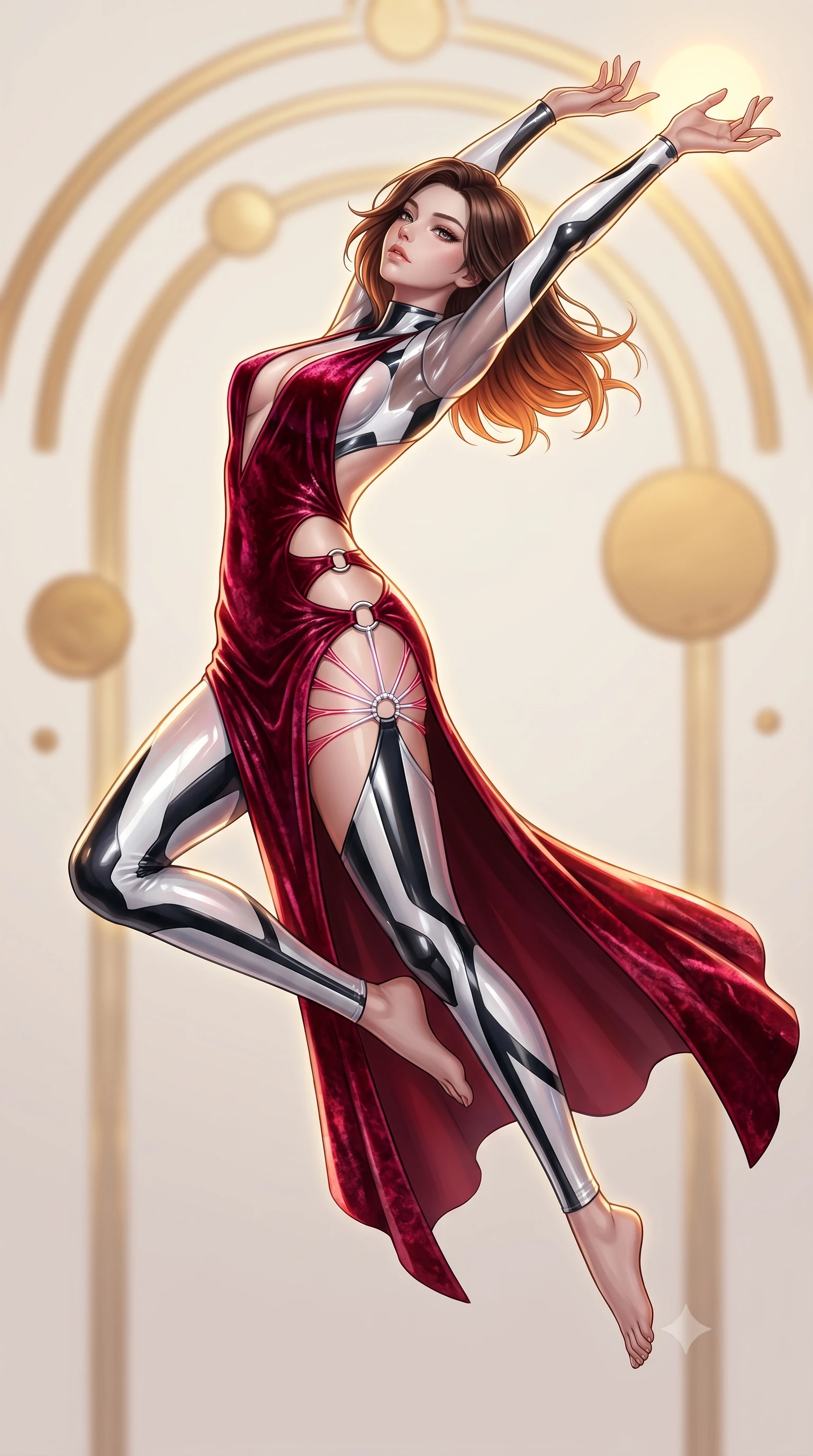 score_9, masterpiece, best quality, ultra-detailed, high-budget anime keyframe, semi-realistic 3D game render, editorial fashion photography, tasteful artistic composition, Korean woman. low angle full-body shot from head to toe showing her feet, filling the entire 9:16 vertical frame with her statuesque presence, stretching her vertical silhouette. leaping through mid-air with an athletic yet alluring arch of her spine, her impossibly long slender legs stretched in flawless poise while arching her spine in a fluid stretch toward the rising sun with arms extended as dawn rays trace her statuesque contour. The composition keeps background elements in soft focus with creamy bokeh. golden celestial arches and floating sun-discs softened in smooth atmospheric depth of field. She has an absolutely perfect, statuesque 8.5-heads proportion, an exceptionally tall and slender model-like female figure with impossibly long slender legs, a toned flat midriff, and an ultra-slim waist. sharp v-shaped jawline, high-bridge nose, intricate jewel-like eyes with depth, thick eyelashes, glossy lips with a natural sheen, flawlessly proportioned anatomical accuracy, strict slender model proportions, natural body alignment, perfectly sculpted long slender limbs, ultra-slim waistline, clean dynamic posture without body distortion. wearing a backless crimson crushed velvet gown with a deep plunging V-neckline, strategic hip cutouts, and an ultra-high thigh slit in high-gloss monochrome white and sharp black contrast, tailored from semi-translucent cybernetic vinyl with glowing micro-filaments, detailed with polished silver rings connecting the daring side-waist cutouts, the sleek second-skin cut tightly hugging her graceful clavicle, narrow waist, and feminine curves with athletic precision. illuminated by crisp golden rim highlights sharply tracing her ultra-slim waist, long legs, and flat midriff. highly saturated vibrant anime colors, detailed shading with soft gradients, rich glossy textures, high-contrast stereoscopic depth, volumetric dynamic lighting, master piece, 9:16 ratio