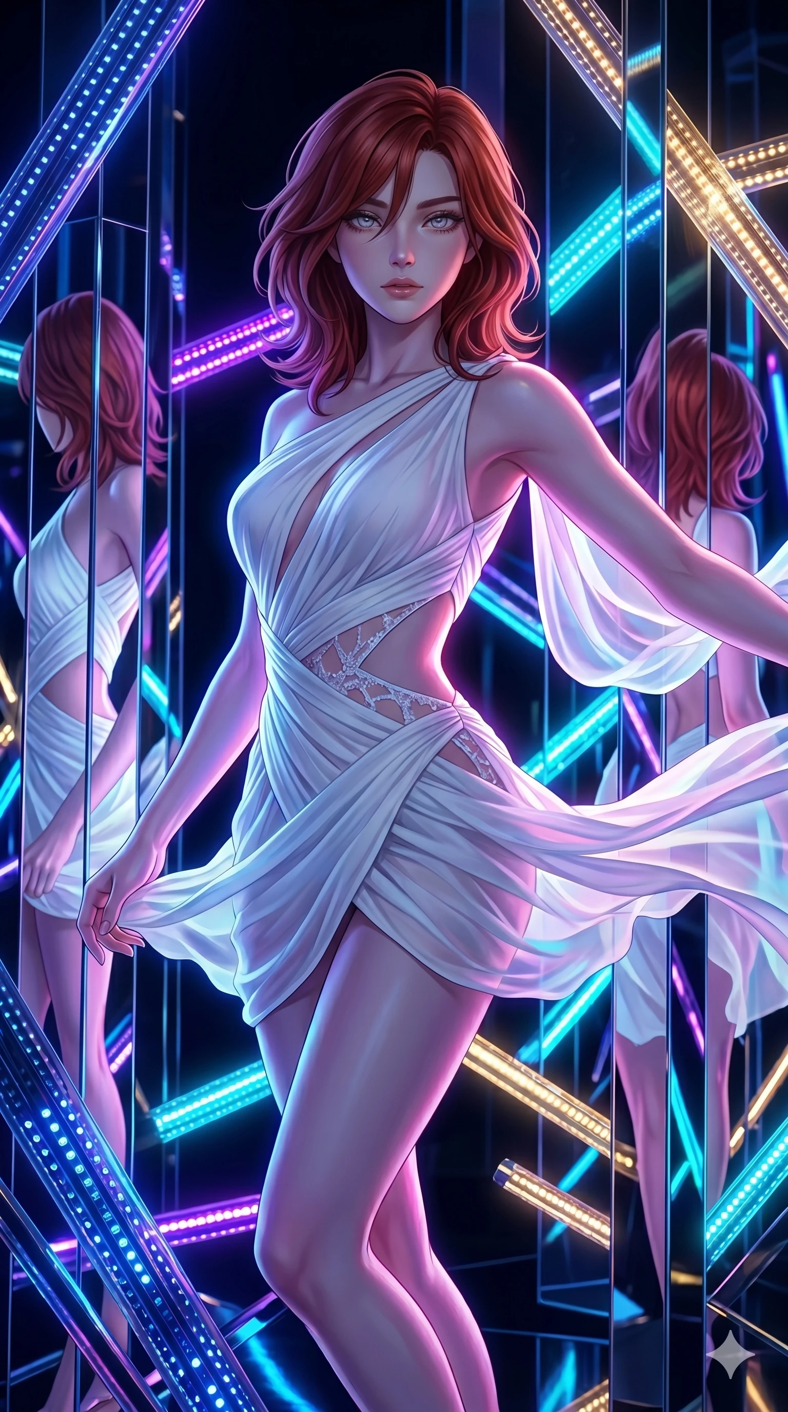 score_9, masterpiece, best quality, ultra-detailed, high-budget anime keyframe, Japanese woman. upper body close-up from the thighs up, character filling the screen for maximum presence. navigating a kinetic light-sculpture mirror maze, passing between floating chromium mirror pillars and rotating LED sticks. She has an absolutely perfect 8-heads proportion, an exceptionally tall and slender female figure with impossibly long slender legs and an ultra-slim waist. V-shaped jawline, high-bridge nose, intricate jewel-like eyes with depth, thick eyelashes, glossy lips with a natural sheen.. wearing an asymmetric chiffon draped couture mini dress, featuring draped white chiffon fabric twisting around her body with elegant diamond cutouts on the waist. bathed in brilliant cinematic volumetric lighting and intense neon rim light highlighting her slender form. 2k, ultra detail, master piece, 9:16 ratio