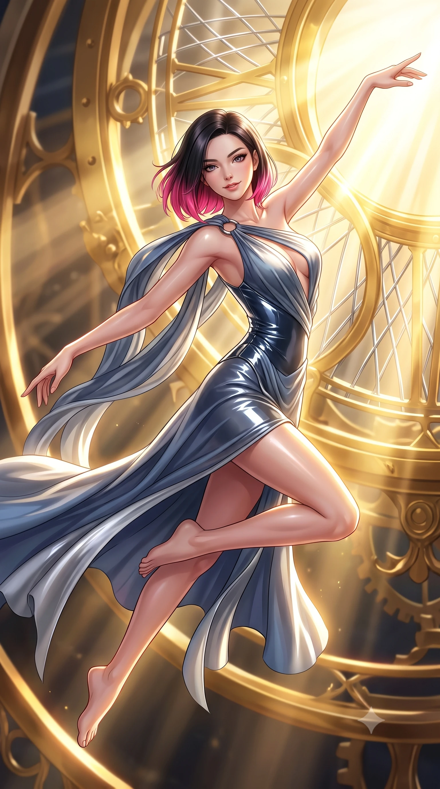 score_9, masterpiece, best quality, ultra-detailed, high-budget anime keyframe, editorial fashion photography, tasteful artistic composition, Korean woman. close-up cowboy shot from the waist and thighs up, the character dominates the composition, filling the frame with her large presence, background elements kept in soft focus. Extending one arm in an elegant stretch toward the light while smiling with magnetic self-assurance while leaping through intense volumetric sunbeams filtering through a giant golden solar clockwork, platinum wire lattices reflecting intense warm sunlight with brilliant metallic luster. She has an exceptionally elegant, slender, and willowy female figure with an ultra-slim waist, a gracefully sculpted slender torso, and a refined silhouette. sharp v-shaped jawline, high-bridge nose, intricate jewel-like eyes with depth, thick eyelashes, glossy lips with a natural sheen, flawlessly proportioned anatomical accuracy, natural body alignment, perfectly sculpted elegant limbs, clean dynamic posture without body distortion. wearing an asymmetrical Grecian draped chiffon gown with a metallic shoulder ring in slate blue and metallic silver, tailored from high-gloss patent leather, accented with a Tasteful chest slit framing her clavicle gracefully, the sleek second-skin texture accentuating her magnetic presence. surrounded by a brilliant solar aura with high-contrast metallic specular shine. highly saturated vibrant anime colors, detailed shading with soft gradients, rich glossy textures, high-contrast stereoscopic depth, volumetric dynamic lighting, master piece, 9:16 ratio