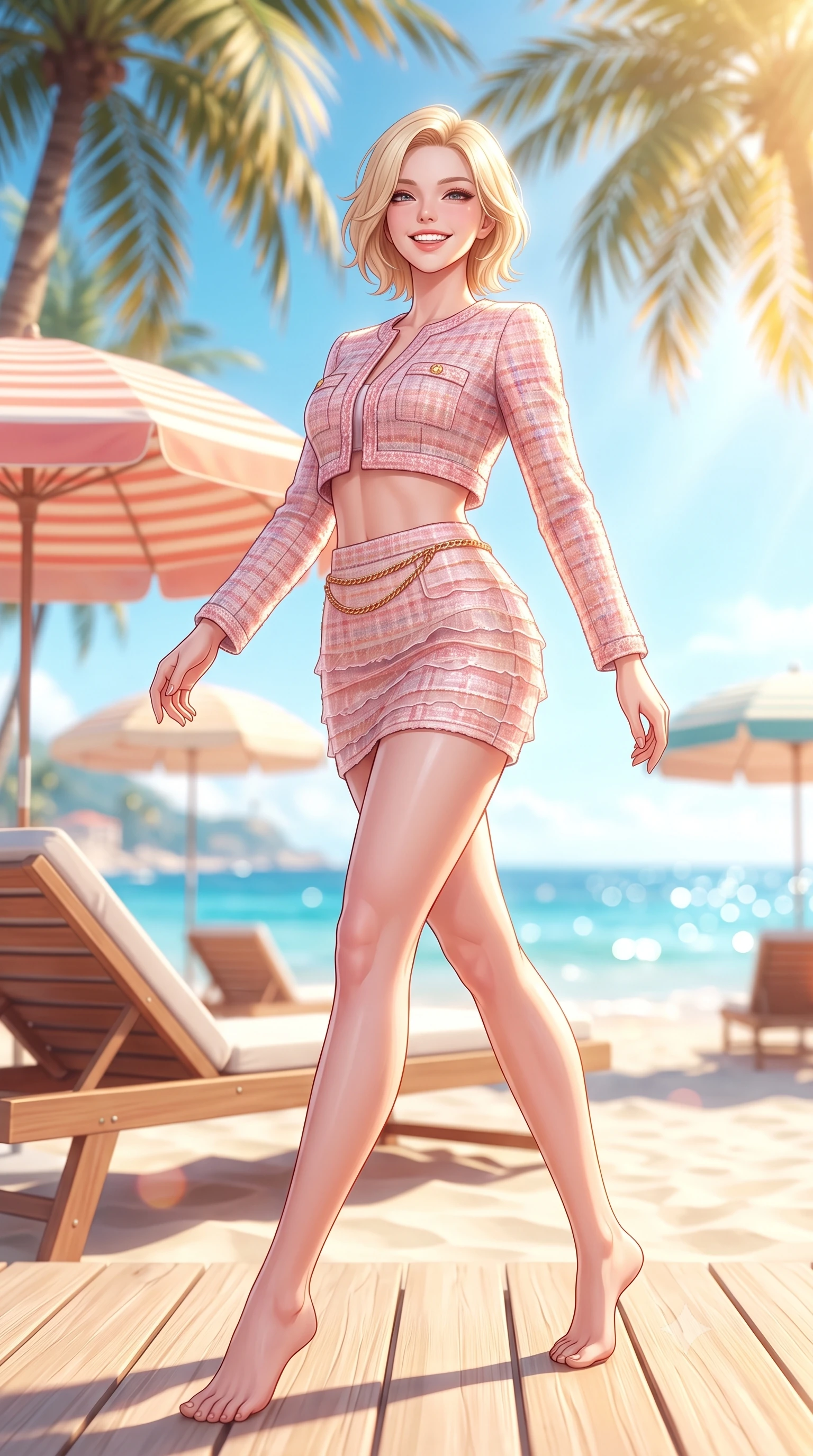 score_9, masterpiece, best quality, ultra-detailed, high-budget anime keyframe, semi-realistic 3D game render, editorial fashion photography, tasteful artistic composition, Caucasian woman. low angle full-body shot from head to toe showing her feet, filling the entire 9:16 vertical frame with her statuesque presence, stretching her vertical silhouette. reclining languidly on her side across the sunbed with one knee drawn up, her radiant smile and arched hip curve commanding the 9:16 vertical frame with youthful sensual charisma while striding gracefully down the sun-bleached wooden beach boardwalk, arching her back with a radiant supermodel smile under towering palms. The composition keeps background elements in soft focus with dreamy creamy bokeh. retro striped beach umbrellas, white sand, and glittering blue sea blurred into coral, turquoise, and champagne bokeh. She has an exceptionally tall and slender model-like 8.5-heads proportion, an ultra-slim waist, a flat toned midriff, narrow delicate ribcage, and beautifully sculpted feminine hips creating a graceful, slim hourglass silhouette without any bulky heaviness, with impossibly long slender legs. sharp v-shaped jawline, high-bridge nose, intricate jewel-like sparkling eyes with depth, thick eyelashes, glossy parted lips with a natural peach sheen, bright cheerful beaming smile with an enchanting and coquettish sensual glint, exuding both youthful cute charm and seductive allure, flawlessly proportioned anatomical accuracy, strict slender model proportions, natural body alignment, perfectly sculpted long slender limbs, ultra-slim waistline, clean dynamic posture without body distortion. wearing a cute pastel tweed two-piece set with a cropped jacket and ultra-fitted high-waisted mini skirt tracing her hips in cherry blossom pink and soft rose gold, woven from layered gossamer organza with weightless flutter, accented with a delicate gold chain belt resting loosely on her curvy hips, the form-fitting cut adhering flawlessly to her sculpted flat midriff and slender torso, emphasizing her long leg lines and perfectly proportioned willowy build. bathed in brilliant midday Mediterranean golden sunlight and bright white sand bounce fill. highly saturated vibrant anime colors, detailed shading with soft gradients, rich glossy textures, high-contrast stereoscopic depth, volumetric dynamic lighting, master piece, 9:16 ratio