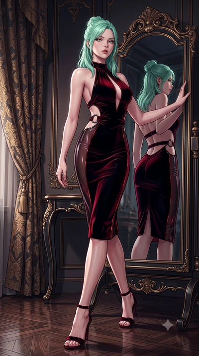 score_9, masterpiece, best quality, ultra-detailed, high-budget anime keyframe, semi-realistic 3D game render, editorial fashion photography, tasteful artistic composition, Japanese woman. low angle full-body shot from head to toe showing her feet, f