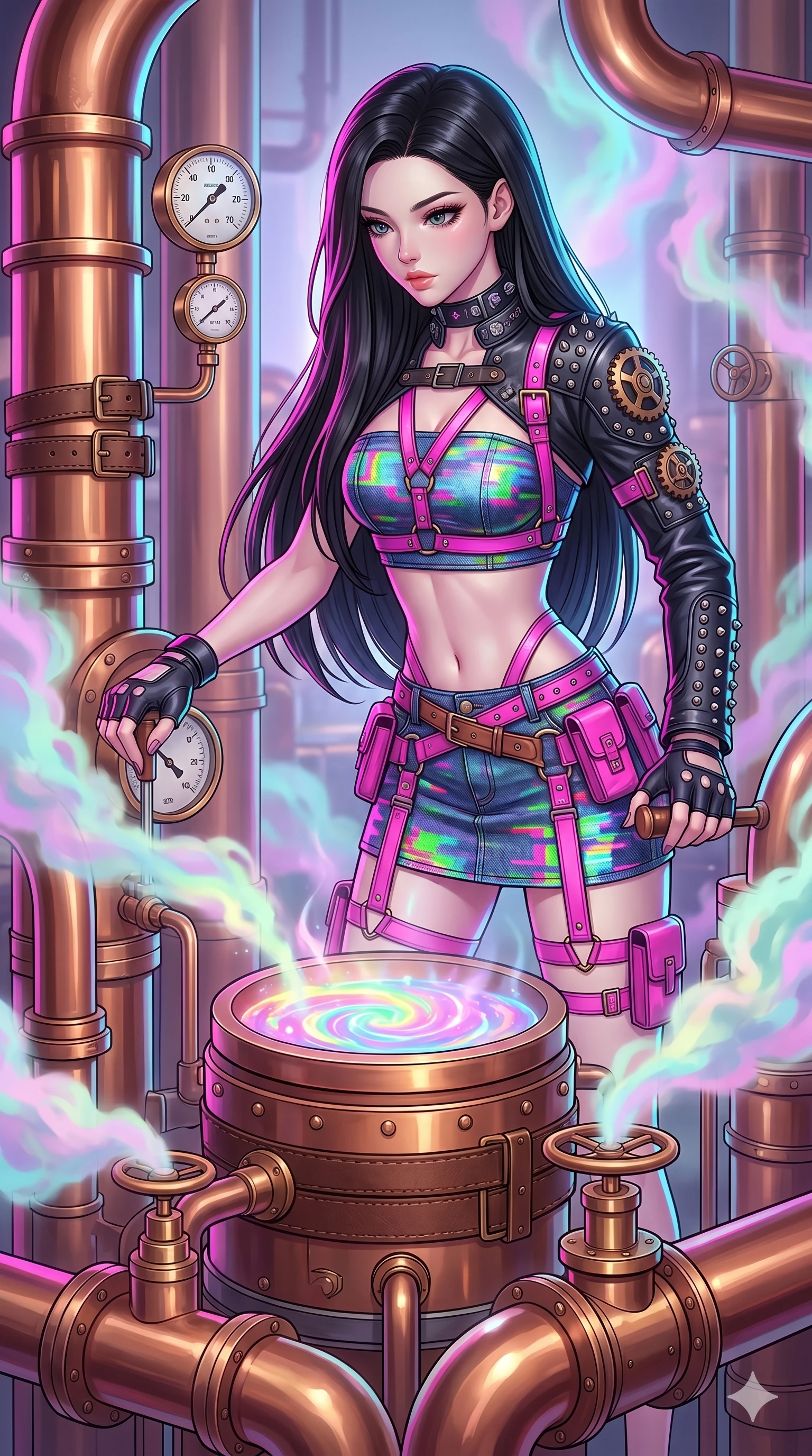 score_9, masterpiece, best quality, ultra-detailed, high-budget anime keyframe, Japanese woman. upper body close-up from the thighs up, character filling the screen for maximum presence. operating a steampunk aurora foundry surrounded by massive copper pipes and leather belts, where pastel aurora gas billows from valves and liquid rainbow energy boils in a crucible. She has an absolutely perfect 8-heads proportion, an exceptionally tall and slender female figure with impossibly long slender legs and an ultra-slim waist. V-shaped jawline, high-bridge nose, intricate jewel-like eyes with depth, thick eyelashes, glossy lips with a natural sheen.. wearing a glitch denim and studded leather outfit, featuring an RGB glitch pattern denim micro-skirt, a single-sleeve cropped leather jacket, and neon pink harness straps. bathed in brilliant cinematic volumetric lighting and intense neon rim light highlighting her slender form. 2k, ultra detail, master piece, 9:16 ratio
