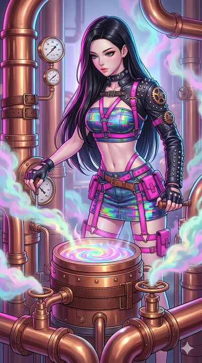 score_9, masterpiece, best quality, ultra-detailed, high-budget anime keyframe, Japanese woman. upper body close-up from the thighs up, character filling the screen for maximum presence. operating a steampunk aurora foundry surrounded by massive copp