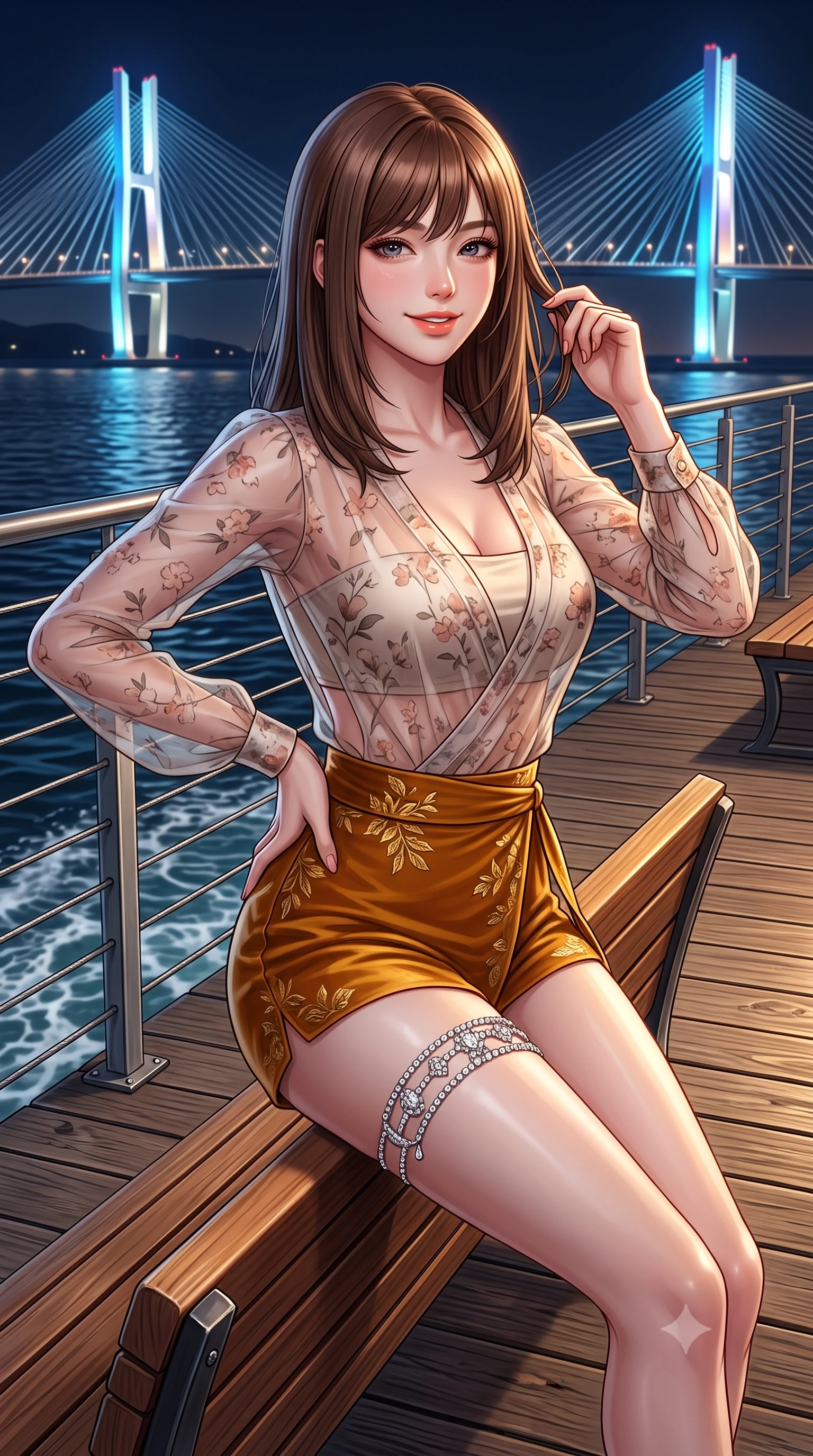score_9, masterpiece, best quality, ultra-detailed, high-budget anime keyframe, semi-realistic 3D game render, editorial fashion photography, tasteful artistic composition, Korean woman. close-up cowboy shot from the waist and thighs up, the character dominates the composition, filling the frame with her large presence. twisting her slender torso in an alluring contrapposto stance, one hand resting on her sculpted hip while her fingers toy with her hair with effortless poise while sitting perched gracefully on the pier bench with legs extended, holding a canned coffee while flashing a warm coquettish smile. The surrounding environment is rendered in vivid detail and crisp panoramic clarity: sharp boardwalk timber grain, stainless steel cable railing, and water wake ripple clarity in deep focus. She has an exceptionally elegant, slender, and willowy female figure with an ultra-slim waist, flat toned midriff, narrow ribcage, and sculpted feminine hips creating an alluring, slim hourglass silhouette without bulk. sharp v-shaped jawline, high-bridge nose, sparkling eyes with hypnotic seductive depth, thick curled eyelashes, glossy parted lips with a natural dewy peach sheen, alluring bedroom-eyes with an enchanting coquettish smile, exuding magnetic siren charisma and sophisticated glamour, flawlessly proportioned anatomical accuracy, strict slender model proportions, natural body alignment, perfectly sculpted long slender limbs, ultra-slim waistline, clean dynamic posture without body distortion. wearing a deep V-neck sheer gossamer hanbok blouse layered over an opaque silk bandeau and high-waisted wrap shorts in warm amber honey and antique gold leaf, tailored from ultra-plush velvet with rich tactile depth and deep shadow gradients, accented with a delicate crystal-encrusted thigh garter strap glinting under the lights, the precision-cut side openings and low-back scoop framing her graceful spine and the sensual sweep of her slim, toned hips. bathed in the glowing azure and white illumination of the suspension bridge towers. highly saturated vibrant anime colors, detailed shading with soft gradients, rich glossy textures, high-contrast stereoscopic depth, volumetric dynamic lighting, master piece, 9:16 ratio