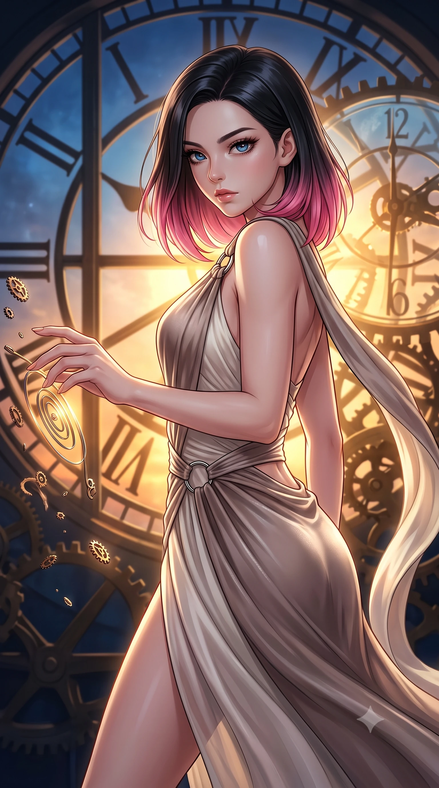 score_9, masterpiece, best quality, ultra-detailed, high-budget anime keyframe, editorial fashion photography, tasteful artistic composition, Korean woman. close-up cowboy shot from the waist and thighs up, the character dominates the composition, filling the frame with her large presence, background elements kept in soft focus. Pivoting sharply while looking back over her shoulder with heavy lashes and a confident, intense gaze while reaching forward to adjust a glowing clockwork spring wire in a storm of gear parts, dramatic twilight amber light streaming through a massive clock tower window. She has an exceptionally elegant, slender, and willowy female figure with an ultra-slim waist, a gracefully sculpted slender torso, and a refined silhouette. sharp v-shaped jawline, high-bridge nose, intricate jewel-like eyes with depth, thick eyelashes, glossy lips with a natural sheen, flawlessly proportioned anatomical accuracy, natural body alignment, perfectly sculpted elegant limbs, clean dynamic posture without body distortion. wearing an asymmetrical Grecian draped chiffon gown with a metallic shoulder ring in muted taupe and soft ivory, made of premium stretch velvet with a rich sheen, accented with delicate chrome ring hardware framing her waist, the glove-like fit emphasizing her statuesque silhouette during motion. illuminated by a brilliant golden hour glow filtering through clockwork dials. highly saturated vibrant anime colors, detailed shading with soft gradients, rich glossy textures, high-contrast stereoscopic depth, volumetric dynamic lighting, master piece, 9:16 ratio