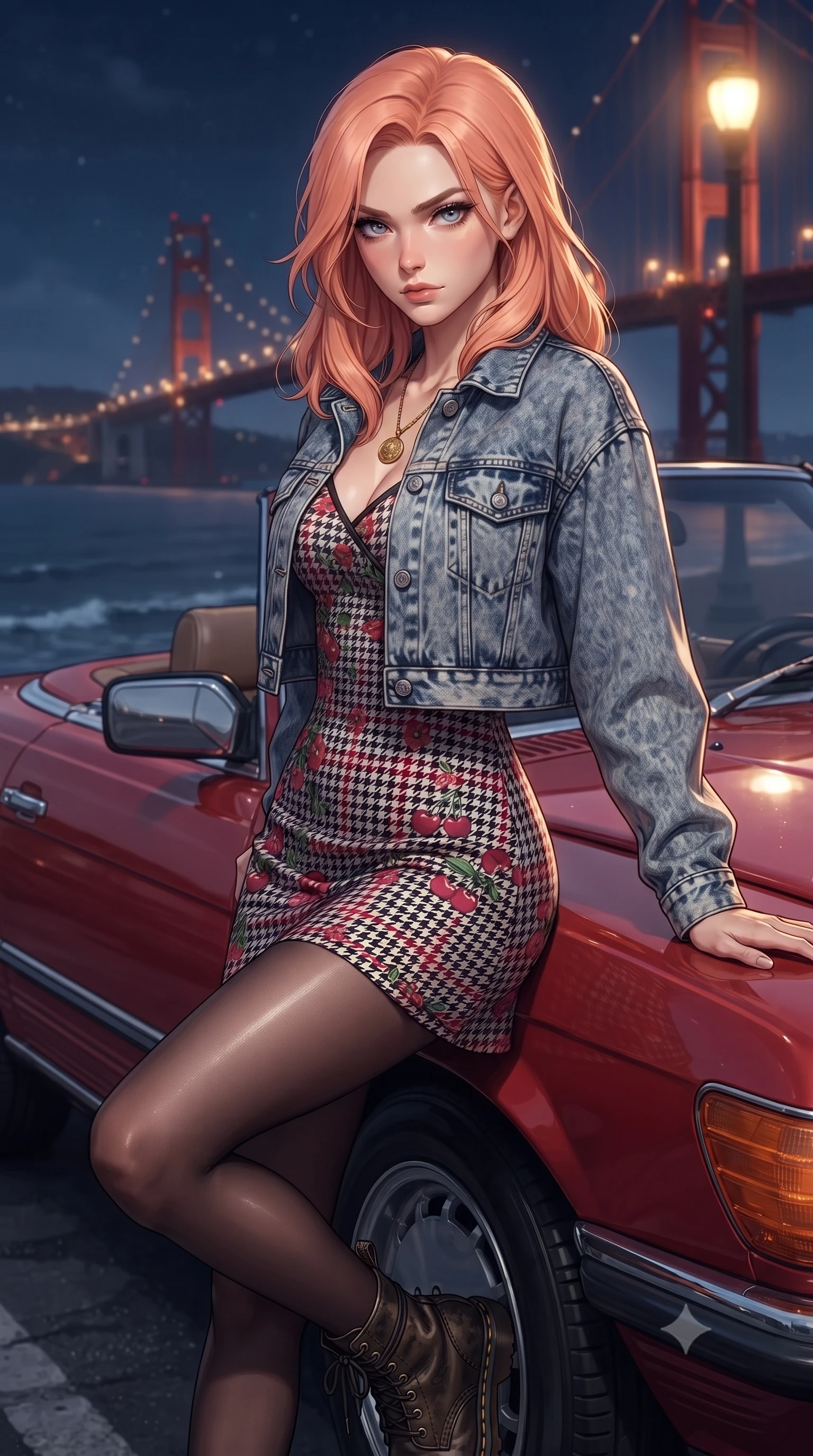 score_9, masterpiece, best quality, ultra-detailed, high-budget anime keyframe, editorial fashion photography, tasteful artistic composition, Japanese woman. close-up cowboy shot from the waist and thighs up, the character dominates the composition, filling the frame with her large presence. turning over her shoulder with an indomitable, smoldering gaze, her soft hair framing her razor-sharp v-shaped jawline while leaning against the hood of a cherry-red vintage 1980s convertible parked on a coastal suspension bridge at midnight. The composition keeps background elements in soft focus with creamy bokeh. vintage car chrome bumpers and coastal water ripples softened in cinematic shallow focus. She has an exceptionally elegant, slender, and willowy female figure with an ultra-slim waist, a gracefully sculpted slender torso, toned flat midriff, and a refined slim silhouette. sharp v-shaped jawline, high-bridge nose, intricate jewel-like eyes with depth, thick eyelashes, glossy lips with a natural sheen, captivating and magnetic expression, flawlessly proportioned anatomical accuracy, strict slender model proportions, natural body alignment, perfectly sculpted long slender limbs, ultra-slim waistline, clean dynamic posture without body distortion. wearing a classic cropped acid-wash denim jacket paired with a floral print slip dress and combat boots in classic monochrome houndstooth and cherry red, crafted from ultra-soft brushed fleece and vintage-washed jersey, accented with a vintage gold coin pendant necklace and dark sheer tights, the sleek tailored cut tightly hugging her graceful clavicle, narrow waist, and feminine curves with statuesque precision. surrounded by a free-spirited, glamorous, and wonderfully nostalgic midnight road-trip queen aura. ultra-reflective glossy finish, specular highlights, rich textural contrasts, high-contrast stereoscopic depth, volumetric dynamic lighting, 2k, ultra detail, master piece, 9:16 ratio