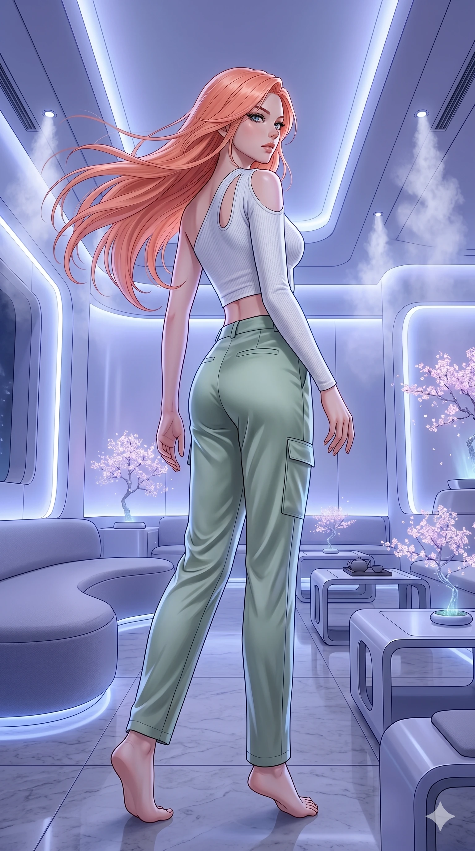 score_9, masterpiece, best quality, ultra-detailed, high-budget anime keyframe, editorial fashion photography, tasteful artistic composition, Japanese woman. low angle full-body shot from head to toe showing her feet, filling the entire 9:16 vertical frame with her statuesque presence, stretching her vertical silhouette. Pivoting sharply mid-step with hair sweeping dramatically behind inside a futuristic tea house where the steam forms tiny holographic cherry blossom trees. She has an absolutely perfect 8-heads proportion, an exceptionally tall and slender female figure with impossibly long slender legs and an ultra-slim waist. V-shaped jawline, high-bridge nose, intricate jewel-like eyes with depth, thick eyelashes, glossy lips with a natural sheen. wearing an asymmetric one-shoulder crop top in white technical knit with a cutout shoulder, paired with high-waist silk-satin utility pants in soft sage green. bathed in cool ethereal blue-violet bioluminescent glow that highlights her form from all sides. 2k, ultra detail, master piece, 9:16 ratio