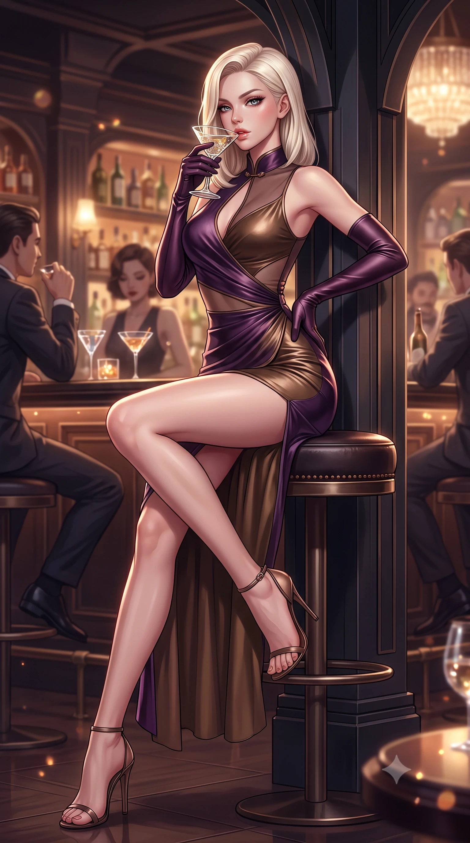 score_9, masterpiece, best quality, ultra-detailed, high-budget anime keyframe, semi-realistic 3D game render, editorial fashion photography, tasteful artistic composition, Caucasian woman. low angle full-body shot from head to toe showing her feet, filling the entire 9:16 vertical frame with her statuesque presence, stretching her vertical silhouette. leaning deep against the structural architecture with hips cocked in an unapologetically bold, seductive high-fashion stance while sitting high on a dark leather circular barstool with legs crossed, arching her lower back while holding a crystal cocktail glass to her parted lips. The composition keeps background elements in soft focus with creamy bokeh. crystal glass refractions and polished bar top reflections scattering warm decadent light motes. She has an exceptionally tall and slender model-like 8.5-heads proportion, an ultra-slim waist, a flat toned midriff, narrow delicate ribcage, and beautifully sculpted feminine hips creating a graceful, slim hourglass silhouette without any bulky heaviness, with impossibly long slender legs. sharp v-shaped jawline, high-bridge nose, intricate jewel-like eyes with depth, thick eyelashes, glossy parted lips with a natural sheen, intensely captivating and seductive bedroom-eyes expression, flawlessly proportioned anatomical accuracy, strict slender model proportions, natural body alignment, perfectly sculpted long slender limbs, ultra-slim waistline, clean dynamic posture without body distortion. wearing a wet-look silk fusion wrap dress with asymmetrical sheer mesh cutouts and high Mandarin collar in deep plum violet and antique bronze, crafted from second-skin supple lambskin leather with liquid drape, accessorized with opera-length satin gloves and a vintage crystal glass, the form-contouring material adhering flawlessly to her sculpted flat midriff and slender torso, emphasizing her long leg lines and perfectly proportioned willowy build. surrounded by a sultry, scandalous, and irresistibly intoxicating jazz-age siren aura. highly saturated vibrant anime colors, detailed shading with soft gradients, rich glossy textures, high-contrast stereoscopic depth, volumetric dynamic lighting, master piece, 9:16 ratio