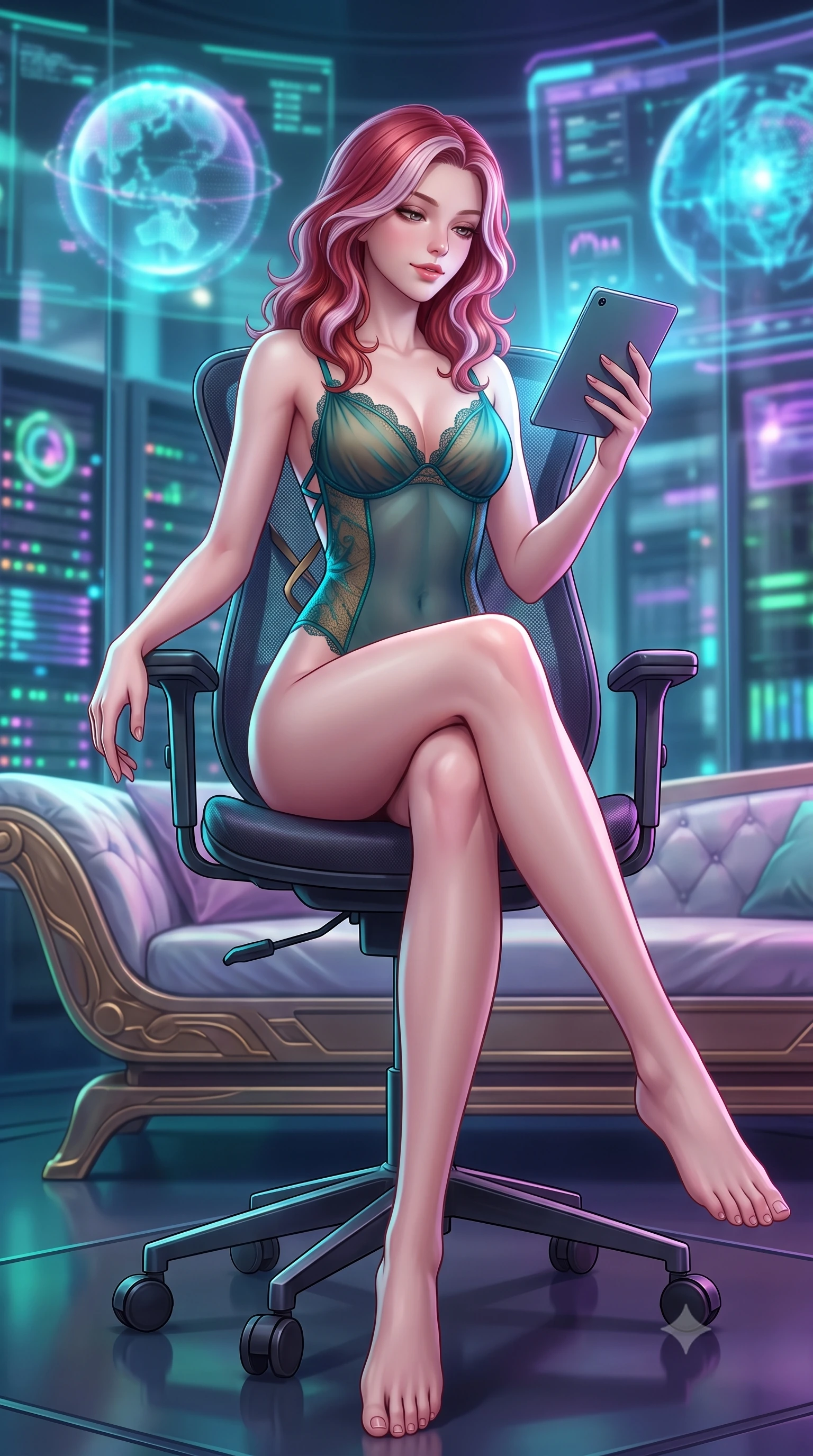 score_9, masterpiece, best quality, ultra-detailed, high-budget anime keyframe, semi-realistic 3D game render, editorial fashion photography, tasteful artistic composition, Caucasian woman. low angle full-body shot from head to toe showing her feet, filling the entire 9:16 vertical frame with her statuesque presence, stretching her vertical silhouette. lounging on the lavish daybed with legs crossed and hips angled toward the camera, displaying her toned midriff and long slender limbs with effortless siren poise while lounging in the swivel ergonomic command chair with legs crossed, holding a micro-tablet with effortless sovereign hacker authority. The background shows a soft-focus floating holographic globe projections, blinking fiber-optic server lights, and glass partitions blurred into cyan, violet, and emerald bokeh. She has an absolutely perfect, statuesque 8.5-heads proportion, an exceptionally tall and slender model-like female figure with impossibly long slender legs, an ultra-slim waist, a flat toned midriff, narrow delicate ribcage, and beautifully sculpted feminine hips creating a graceful, slim hourglass silhouette without any bulky heaviness. sharp v-shaped jawline, high-bridge nose, sparkling eyes with hypnotic seductive depth, thick curled eyelashes, glossy parted lips with a natural dewy peach sheen, alluring bedroom-eyes with an enchanting coquettish smile, exuding magnetic siren charisma and sophisticated glamour, flawlessly proportioned anatomical accuracy, strict slender model proportions, natural body alignment, perfectly sculpted long slender limbs, ultra-slim waistline, clean dynamic posture without body distortion. wearing a backless stretch lace ballet leotard with high-cut leg openings and delicate criss-cross satin back ribbons in iridescent peacock teal and burnished antique brass, made of sheer gossamer chiffon that drapes softly against skin with airy translucence, finished with scalloped eyelash lace trim framing her sweetheart neckline with intimate elegance, the liquid-tight tailored fabric clinging flawlessly to her narrow waist and rounded feminine hips, emphasizing every millimeter of her sculpted slim hourglass curves without any bulky heaviness. bathed in dynamic cyan and ultraviolet illumination radiating from giant holographic displays. highly saturated vibrant anime colors, detailed shading with soft gradients, rich glossy textures, high-contrast stereoscopic depth, volumetric dynamic lighting, master piece, 9:16 ratio