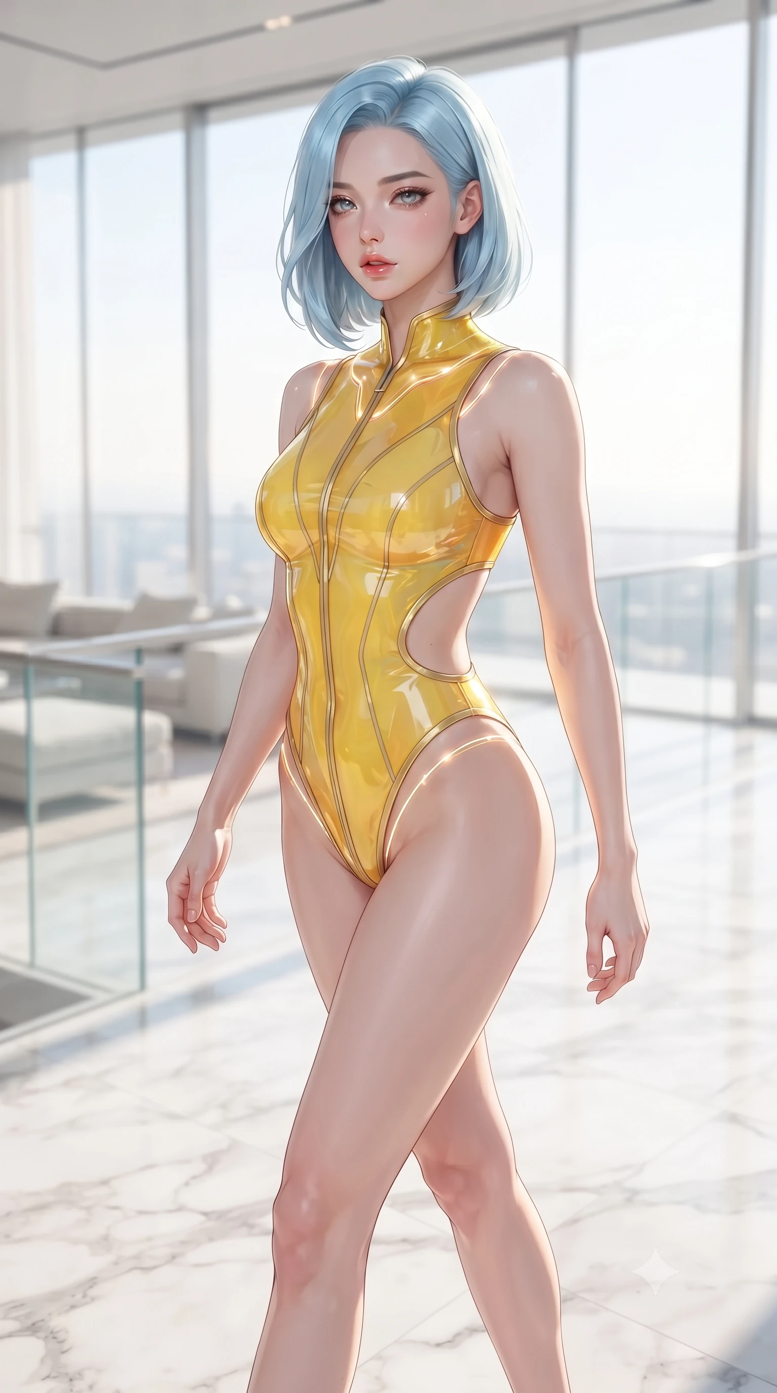 score_9, masterpiece, best quality, ultra-detailed, high-budget anime keyframe, editorial fashion photography, tasteful artistic composition, Korean woman. close-up cowboy shot from the waist and thighs up, the character dominates the composition, filling the frame with her large presence. casting a slow, smoldering gaze beneath heavy lashes with parted glossy lips, her head slightly tilted in captivating self-assurance while striding gracefully across a polished white marble penthouse floor under soaring floor-to-ceiling glass windows. The composition keeps background elements in soft focus with creamy bokeh. minimalist designer furnishings and glass railings softened by luminous shallow depth of field. She has an exceptionally elegant, slender, and willowy female figure with an ultra-slim waist, a gracefully sculpted slender torso, toned flat midriff, and a refined slim silhouette. sharp v-shaped jawline, high-bridge nose, intricate jewel-like eyes with depth, thick eyelashes, glossy lips with a natural sheen, flawlessly proportioned anatomical accuracy, strict slender model proportions, natural body alignment, perfectly sculpted long slender limbs, ultra-slim waistline, clean dynamic posture without body distortion. wearing a high-cut translucent vinyl leotard with front paneling, exposed side-rib cutouts, and an open back in vibrant sunburst canary yellow and gold trim, tailored from semi-translucent cybernetic vinyl with glowing micro-filaments, accented with glowing fiber-optic seams tracing her collarbones and hip curves, the precision-cut daring openings accentuating her delicate midriff, graceful bare collarbones, and ultra-slim feminine waistline. bathed in bright, clean high-key natural sunlight flooding through panoramic glass walls. ultra-reflective glossy finish, specular highlights, metallic sheen, high-contrast stereoscopic depth, volumetric dynamic lighting, 2k, ultra detail, master piece, 9:16 ratio