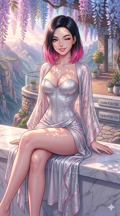 score_9, masterpiece, best quality, ultra-detailed, high-budget anime keyframe, vibrant anime aesthetic, Korean woman. cowboy shot from the thighs up, character and outfit filling the frame for maximum presence. She is sitting on a marble ledge, wink
