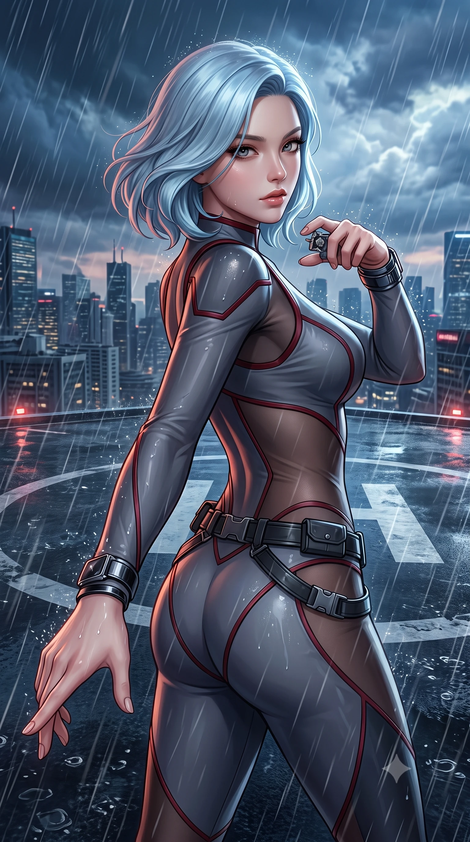 score_9, masterpiece, best quality, ultra-detailed, high-budget anime keyframe, semi-realistic 3D game render, editorial fashion photography, tasteful artistic composition, Korean woman. close-up cowboy shot from the waist and thighs up, the character dominates the composition, filling the frame with her large presence. extending one slender arm gracefully toward the foreground while casting an affectionate, mesmerizing glance while pivoting dynamically as gale-force storm winds whip rain across the helipad markings, parrying an alarm sensor with poise. The surrounding environment is rendered in vivid detail and crisp panoramic clarity. intense neo-noir chiaroscuro and atmospheric rain-soaked metropolis action aesthetics rendered with precision. She has an exceptionally elegant, slender, and willowy female figure with an ultra-slim waist, a gracefully sculpted slender torso, toned flat midriff, and a refined slim silhouette. sharp v-shaped jawline, high-bridge nose, intricate jewel-like eyes with depth, thick eyelashes, glossy lips with a natural sheen, captivating and magnetic expression, flawlessly proportioned anatomical accuracy, strict slender model proportions, natural body alignment, perfectly sculpted long slender limbs, ultra-slim waistline, clean dynamic posture without body distortion. wearing a sharp asymmetrical spy bodysuit with sheer contouring mesh panels, reinforced strike shoulders, and utility waist harness in storm grey and dark scarlet trim, made of high-mobility liquid jersey and semi-opaque reinforced mesh, accented with concealed lockpick wristbands and polished dark chrome hardware, the breezy yet form-flattering drape swaying gracefully with her steps, accentuating her long willowy limbs and slim waistline. surrounded by an indomitable, dangerous, and breathtakingly cinematic lone infiltration specialist aura. highly saturated vibrant anime colors, detailed shading with soft gradients, rich glossy textures, high-contrast stereoscopic depth, volumetric dynamic lighting, master piece, 9:16 ratio