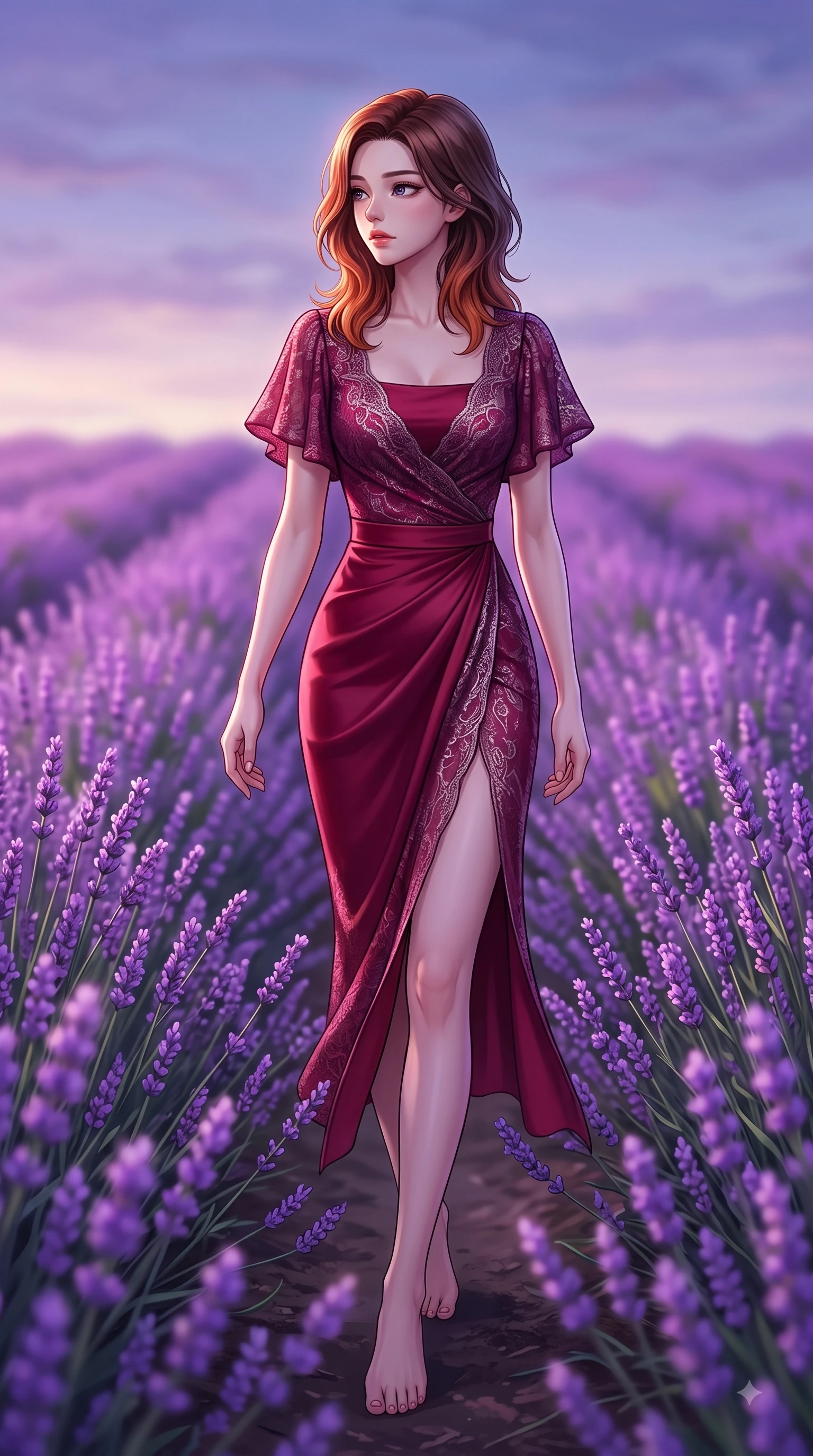 score_9, masterpiece, best quality, ultra-detailed, high-budget anime keyframe, editorial fashion photography, tasteful artistic composition, Korean woman. low angle full-body shot from head to toe showing her feet, filling the entire 9:16 vertical frame with her statuesque presence, stretching her vertical silhouette. Tender lingering expression with a quiet reluctant backward glance, as if hesitating to leave the moment while walking gracefully through an endless field of blooming purple lavender under a twilight sky. The composition keeps background elements in soft focus with dreamy bokeh. swaying flower stems and soft twilight skies softened by gentle shallow depth of field. She has an absolutely perfect, statuesque 8.5-heads proportion, an exceptionally tall and slender model-like female figure with impossibly long slender legs and an ultra-slim waist. sharp v-shaped jawline, high-bridge nose, intricate jewel-like eyes with depth, thick eyelashes, glossy lips with a natural sheen, flawlessly proportioned anatomical accuracy, natural body alignment, perfectly sculpted elegant limbs, clean dynamic posture without body distortion. wearing a sleek ruby red wrap midi dress featuring a tasteful side leg slit in rich plum violet and metallic platinum, made of fine lace weave and soft satin jersey, featuring elegant flutter sleeves and a graceful square neckline, the form-contouring material accentuating her ultra-slim waist and long lines. illuminated by soft ambient lavender reflections and delicate rim highlights. highly saturated vibrant anime colors, detailed shading with soft gradients, rich glossy textures, high-contrast stereoscopic depth, volumetric dynamic lighting, master piece, 9:16 ratio