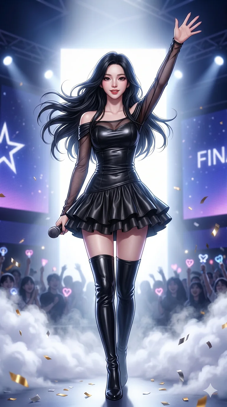 score_9, score_8_up, score_7_up, source_anime, masterpiece, best quality, ultra-detailed, same character with long flowing black hair, wearing the same outfit, full body shot at the end of a performance, final pose with stage fog swirling around her feet, elegant and charismatic posture, bright white backlight, 2k, 9:16 ratio
