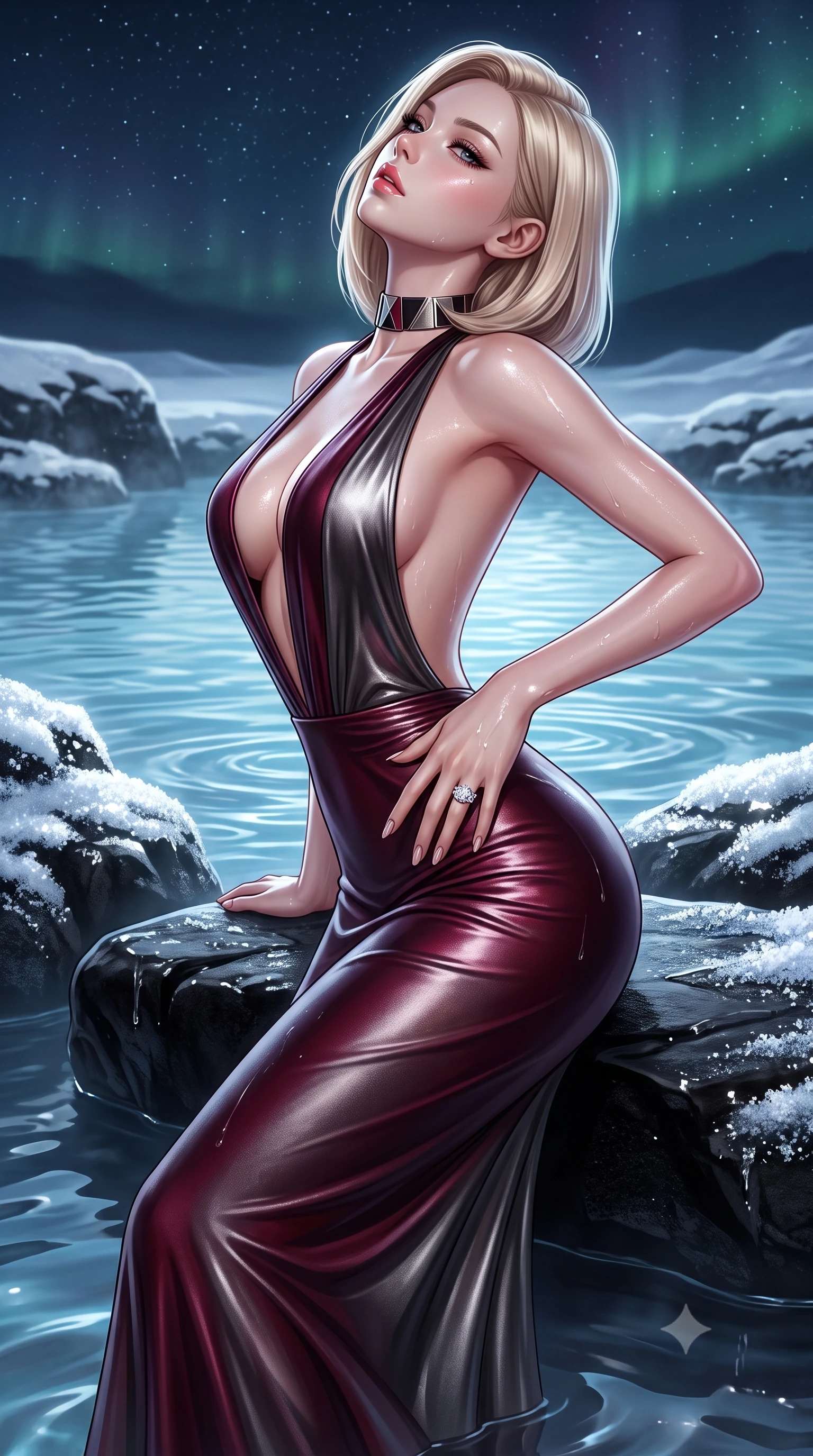 score_9, masterpiece, best quality, ultra-detailed, high-budget anime keyframe, semi-realistic 3D game render, editorial fashion photography, tasteful artistic composition, Korean woman. close-up cowboy shot from the waist and thighs up, the character dominates the composition, filling the frame with her large presence. resting one manicured hand delicately on her hip bone, her upper body turning in a fluid, seductive S-curve while parted lips glisten in the light while leaning back against a smooth black lava rock ledge, head tilted back toward the starry Arctic sky as warm water caresses her slender curves. The surrounding environment is rendered in vivid detail and crisp panoramic clarity. detailed silica mineral water ripples, wet fabric sheen, and frosty snow crystals in high resolution. She has an exceptionally elegant, slender, and willowy female figure with an ultra-slim waist, flat toned midriff, narrow ribcage, and sculpted feminine hips creating an alluring, slim hourglass silhouette without bulk. sharp v-shaped jawline, high-bridge nose, intricate jewel-like eyes with depth, thick eyelashes, glossy parted lips with a natural sheen, intensely captivating and seductive bedroom-eyes expression, flawlessly proportioned anatomical accuracy, strict slender model proportions, natural body alignment, perfectly sculpted long slender limbs, ultra-slim waistline, clean dynamic posture without body distortion. wearing a liquid-silk jersey evening gown with an ultra-deep plunging open back descending to the base of her spine and a sculpted hip-hugging skirt in deep wine burgundy and brushed dark platinum, crafted from luxurious metallic lamé that shifts radiance with every step, complemented by a bold geometric choker and sparkling cocktail ring, the liquid-tight tailored fabric clinging flawlessly to her narrow waist and rounded feminine hips, emphasizing every millimeter of her sculpted slim hourglass curves without any bulky heaviness. illuminated by wet specular highlights accentuating her slender neckline, sculpted waist, and rounded hips. highly saturated vibrant anime colors, detailed shading with soft gradients, rich glossy textures, high-contrast stereoscopic depth, volumetric dynamic lighting, master piece, 9:16 ratio