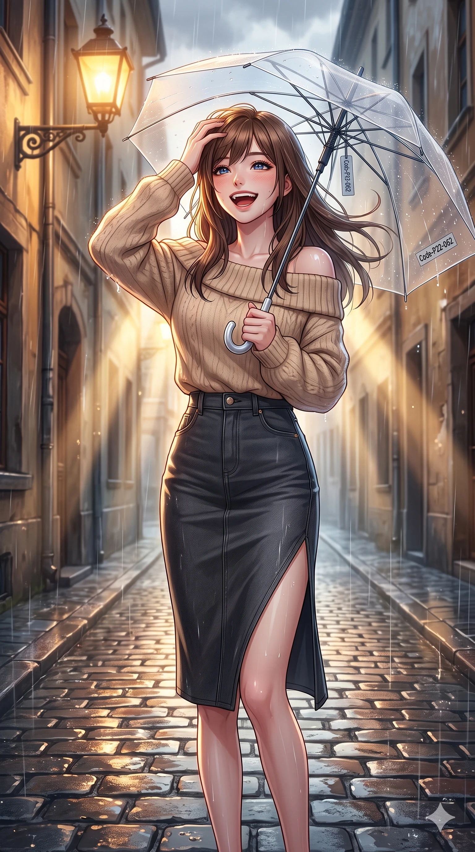 score_9, masterpiece, best quality, ultra-detailed, high-budget anime keyframe, vibrant anime aesthetic, Korean woman. cowboy shot from the thighs up, character and outfit filling the frame for maximum presence. She is laughing happily while running her fingers through her hair in the rain, with her eyes bright and full of life with a soft breath of wind in her hair. standing on a rain-slicked cobblestone street under a warm glowing gaslight, holding a clear umbrella (Code-P22-062). She has an absolutely perfect 8-heads proportion, an exceptionally tall and slender female figure with impossibly long slender legs and an ultra-slim waist. V-shaped jawline, high-bridge nose, intricate jewel-like eyes with depth, thick eyelashes, glossy lips with a natural sheen. wearing an off-shoulder oversized sweater paired with a refined side vent denim skirt in classic charcoal. She is bathed in volumetric morning sunbeams piercing through rain clouds, accentuating her slender silhouette along the cobblestone alley. 2k, ultra detail, master piece, 9:16 ratio