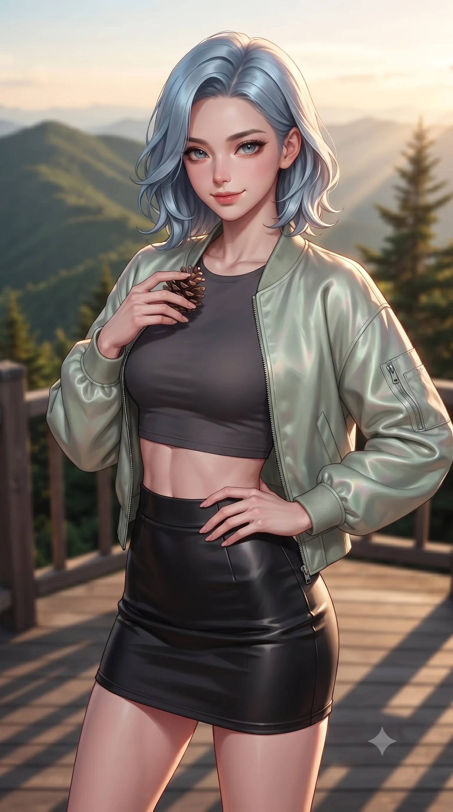 score_9, masterpiece, best quality, ultra-detailed, high-budget anime keyframe, editorial fashion photography, tasteful artistic composition, Korean woman. close-up cowboy shot from the waist and thighs up, the character dominates the composition, filling the frame with her large presence, background elements kept in soft focus. resting one hand on her waist, casting a smoldering, enticing side-gaze at the viewer set against a soft-focus background of on a scenic wooden observation deck at the peak of a green mountain holding a small pinecone in her hand with a cute, playful smile. She has an exceptionally elegant, slender, and willowy female figure with an ultra-slim waist, a gracefully sculpted slender torso, and a refined silhouette. sharp v-shaped jawline, high-bridge nose, intricate jewel-like eyes with depth, thick eyelashes, glossy lips with a natural sheen. wearing tailored modern crop top shirt paired with a mini skirt and an unzipped light bomber jacket. golden hour sunset light casting long shadows of mountain peaks across the slope. ultra-reflective glossy finish, specular highlights, metallic sheen, high-contrast stereoscopic depth, volumetric dynamic lighting, 2k, ultra detail, master piece, 9:16 ratio