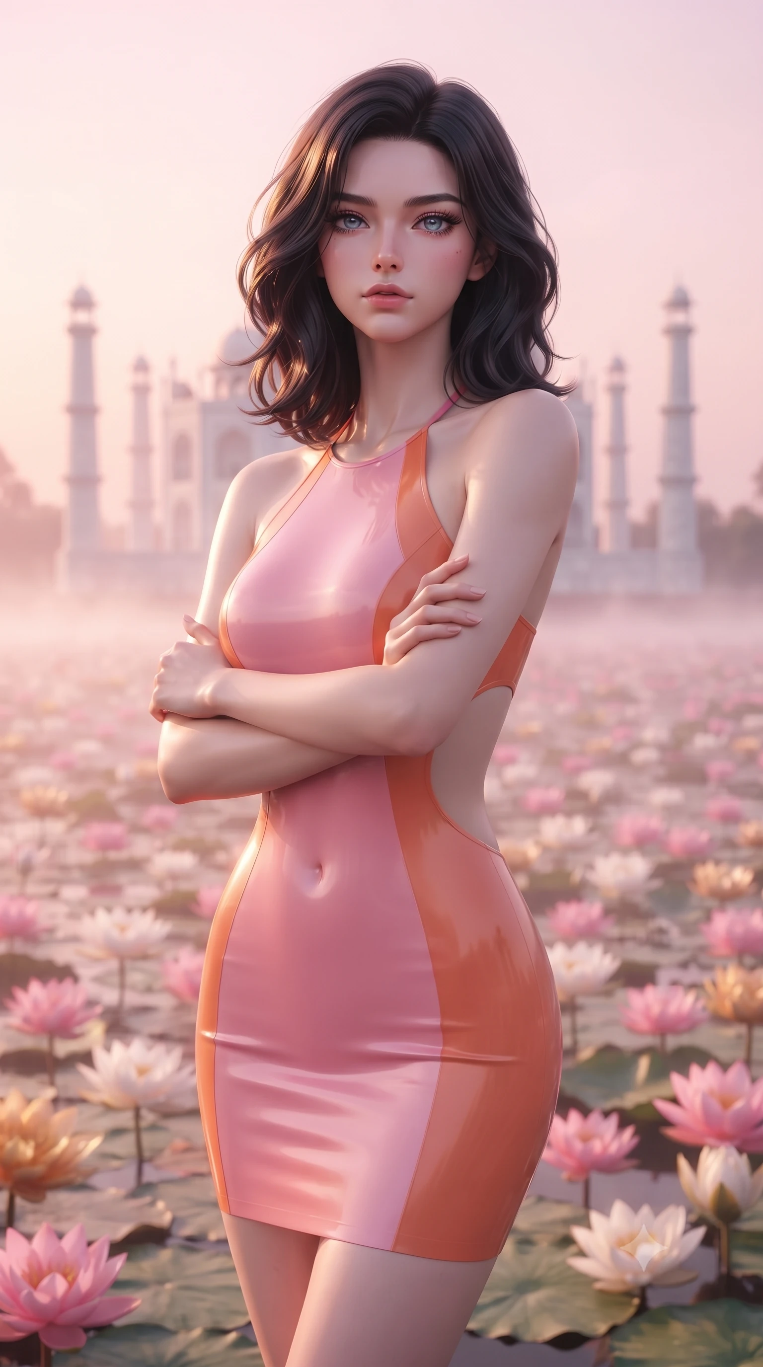 score_9, masterpiece, best quality, ultra-detailed, high-budget anime keyframe, editorial fashion photography, tasteful artistic composition, Korean woman. close-up cowboy shot from the waist and thighs up, the character dominates the composition, filling the frame with her large presence, background elements kept in soft focus. Crossing her arms with serene confidence and chin slightly raised. set against a soft-focus background of a serene white marble temple in the center of a vast lake completely covered in blooming lotus flowers in pink white and gold their petals open to the morning sun with mist hovering just above the flower carpet. She has an exceptionally elegant and slender, willowy female figure with an ultra-slim waist, a gracefully sculpted slender torso, and a refined slim physique. sharp v-shaped jawline, high-bridge nose, intricate jewel-like eyes with depth, thick eyelashes, glossy lips with a natural sheen. wearing a latex-effect bodycon dress in a pink and orange color-block, featuring side torso cutouts and a halter neckline. soft pink-golden dawn light reflecting off the lotus petals creating a warm rosy atmosphere with morning mist diffusing the light into dreamy soft-focus with white marble glowing. 2k, ultra detail, master piece, 9:16 ratio