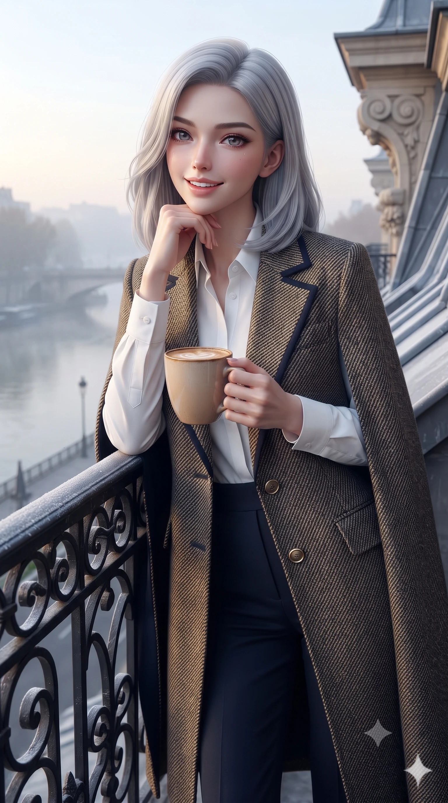 score_9, masterpiece, best quality, ultra-detailed, high-budget anime keyframe, editorial fashion photography, tasteful artistic composition, Korean woman. close-up cowboy shot from the waist and thighs up, the character dominates the composition, filling the frame with her large presence. resting one elbow on the stone balustrade, chin poised lightly on her hand with intelligent, charming warmth while holding a warm mug of café au lait in both hands, wrapped in an elegant wool wrap coat as morning mist rises over the river. The surrounding environment is rendered in vivid detail and crisp panoramic clarity: sharp scrollwork details on wrought iron balcony railing, carved limestone corbel reliefs, and zinc rooftop seam ridges in deep focus. She has an exceptionally elegant, slender, and willowy female figure with an ultra-slim waist, flat toned midriff, narrow ribcage, and sculpted feminine hips creating an alluring, slim hourglass silhouette without bulk. sharp v-shaped jawline, high-bridge nose, intricate jewel-like sparkling eyes with depth, thick eyelashes, glossy parted lips with a natural peach sheen, bright cheerful beaming smile with an enchanting and coquettish sensual glint, exuding both youthful cute charm and seductive allure, flawlessly proportioned anatomical accuracy, strict slender model proportions, natural body alignment, perfectly sculpted long slender limbs, ultra-slim waistline, clean dynamic posture without body distortion. wearing an elegant tailored cape coat in brushed wool worn over a crisp white cotton shirt and tailored cigarette pants in Ginza vintage brass gold and midnight navy, made of luxurious brushed wool flannel with rich textural depth and clean structure, featuring delicate tonal horn buttons and meticulous hand-stitched pick-lapel borders, the streamlined silhouette following her natural slender proportions with sophisticated poise, enhancing her tall willowy presence. illuminated by zinc roof reflection fill and clean pearlescent rim lights accentuating her sharp jawline and willowy silhouette. ultra-reflective glossy finish, specular highlights, rich textural contrasts, high-contrast stereoscopic depth, volumetric dynamic lighting, 2k, ultra detail, master piece, 9:16 ratio