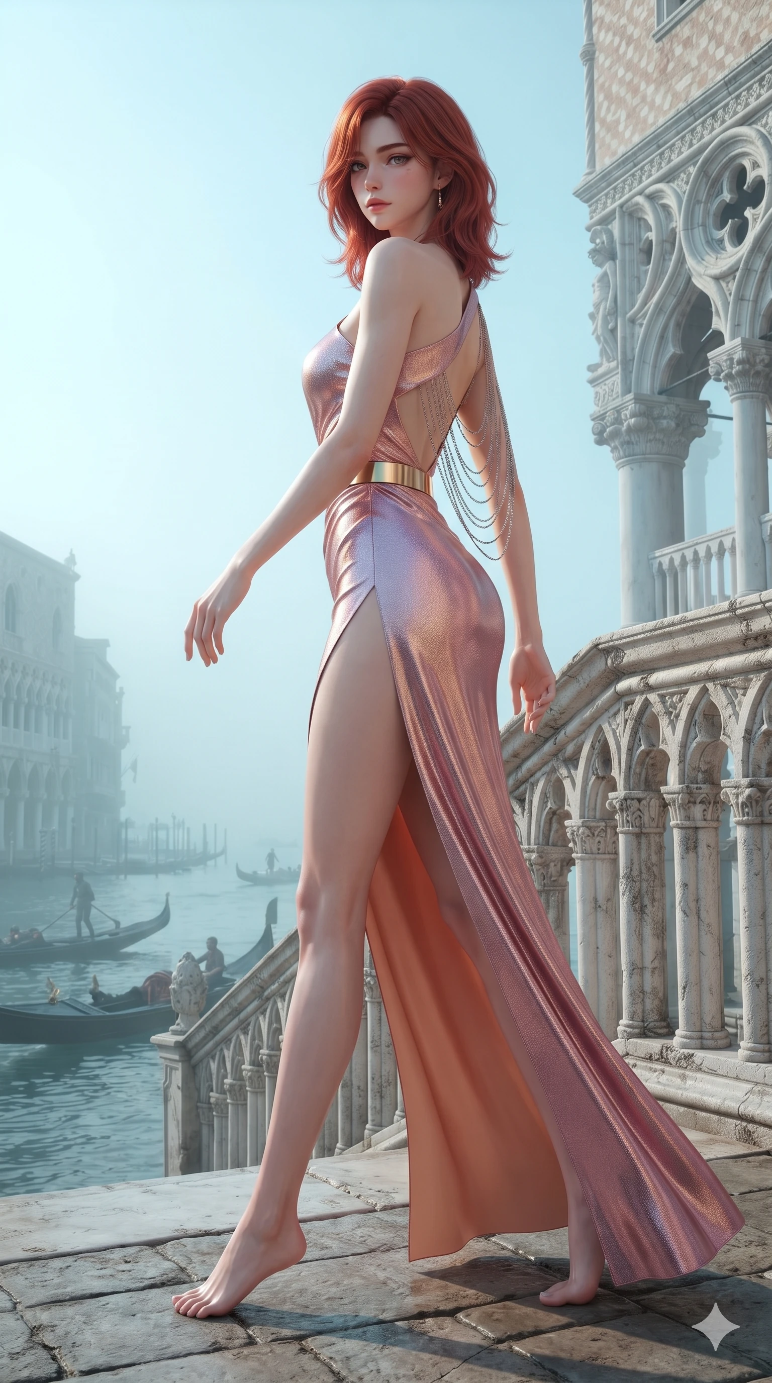 score_9, masterpiece, best quality, ultra-detailed, high-budget anime keyframe, semi-realistic 3D game render, editorial fashion photography, tasteful artistic composition, Korean woman. low angle full-body shot from head to toe showing her feet, filling the entire 9:16 vertical frame with her statuesque presence, stretching her vertical silhouette. walking along the terrace with poise, looking back over her bare shoulder with an irresistible smoldering bedroom-gaze while leaning forward over the carved Istrian stone gothic balustrade, looking back with sleepy seductive bedroom-eyes as gondolas drift along the misty Grand Canal. The surrounding environment is rendered in vivid detail and crisp panoramic clarity: sharp carved quatrefoil gothic tracery, weathered Istrian stone texture, and water lap ripples against marble steps in deep focus. She has an exceptionally tall and slender model-like 8.5-heads proportion, an ultra-slim waist, a flat toned midriff, narrow delicate ribcage, and beautifully sculpted feminine hips creating a graceful, slim hourglass silhouette without any bulky heaviness, with impossibly long slender legs. sharp v-shaped jawline, high-bridge nose, intricate jewel-like eyes with depth, thick eyelashes, glossy parted lips with a natural sheen, intensely captivating and seductive bedroom-eyes expression, flawlessly proportioned anatomical accuracy, strict slender model proportions, natural body alignment, perfectly sculpted long slender limbs, ultra-slim waistline, clean dynamic posture without body distortion. wearing an asymmetrical one-shoulder crepe evening gown with waist-cinching gold metal belt and elegant drapery in prismatic rose-quartz and alien peach, crafted from luxurious metallic lamé that shifts radiance with every step, accented with an open-back drape framed by falling strands of delicate chrome chains, the glove-like clinging cut tightly following the natural contour of her hips and long slender legs with youthful 8.5-heads elegance. bathed in luminous morning canal light with soft cyan reflections bouncing off the water surface. highly saturated vibrant anime colors, detailed shading with soft gradients, rich glossy textures, high-contrast stereoscopic depth, volumetric dynamic lighting, master piece, 9:16 ratio