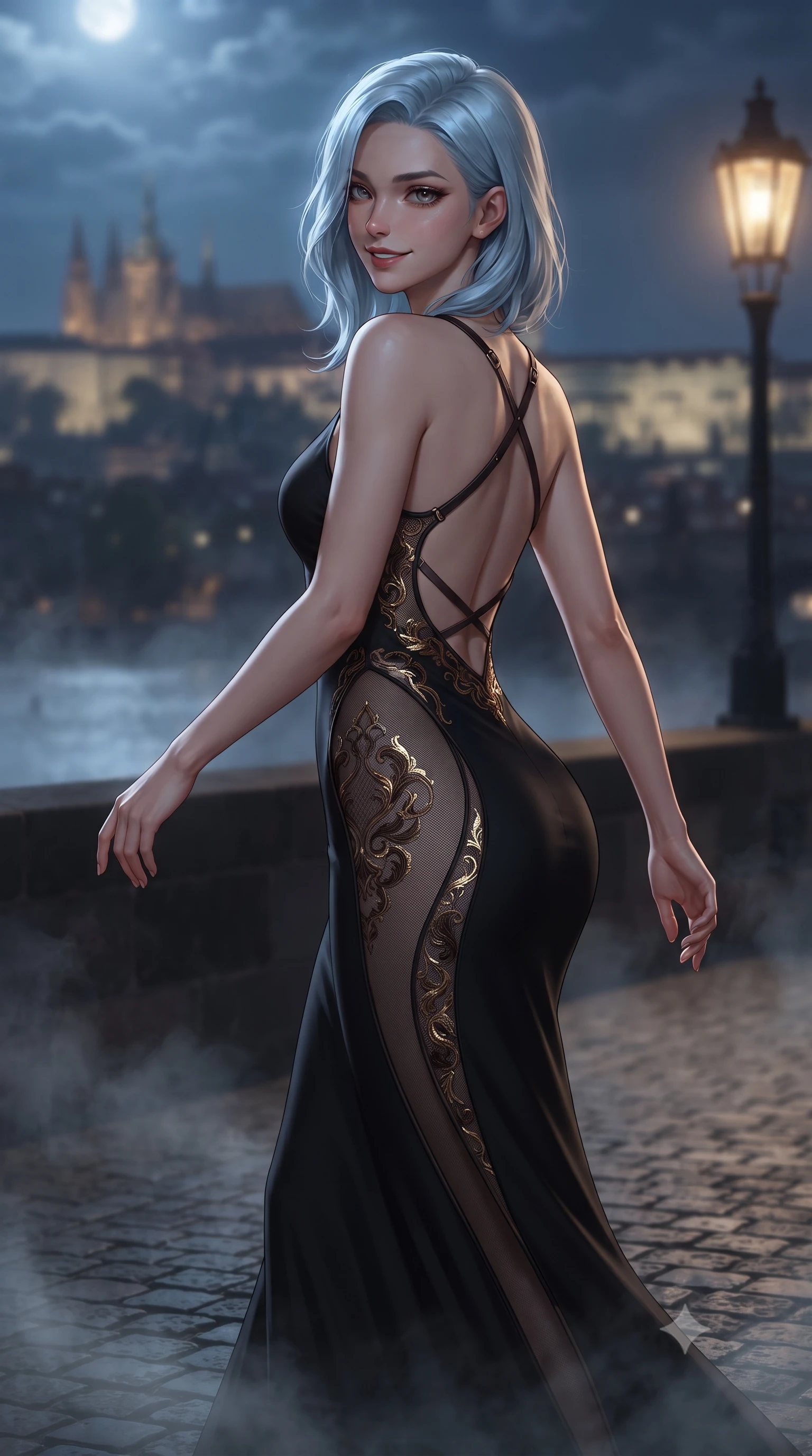 score_9, masterpiece, best quality, ultra-detailed, high-budget anime keyframe, editorial fashion photography, tasteful artistic composition, Korean woman. close-up cowboy shot from the waist and thighs up, the character dominates the composition, filling the frame with her large presence. turning over a bare shoulder with an intoxicating, teasing smile, her soft hair framing her sharp jawline as her hips angle gracefully while striding across the cobblestone terrace as Vltava river mist curls around her ankles, her velvet gown tightly hugging her feminine curves. The composition keeps background elements in soft focus with creamy bokeh. misty Vltava river waters and distant Prague castle spires blurred into deep sapphire, antique gold, and charcoal bokeh. She has an exceptionally elegant, slender, and willowy female figure with an ultra-slim waist, flat toned midriff, narrow ribcage, and sculpted feminine hips creating an alluring, slim hourglass silhouette without bulk. sharp v-shaped jawline, high-bridge nose, intricate jewel-like eyes with depth, thick eyelashes, glossy parted lips with a natural sheen, intensely captivating and seductive bedroom-eyes expression, flawlessly proportioned anatomical accuracy, strict slender model proportions, natural body alignment, perfectly sculpted long slender limbs, ultra-slim waistline, clean dynamic posture without body distortion. wearing a second-skin black silk jersey maxi dress with asymmetrical sheer mesh side panels tracing the full curve of her hip in dark espresso brown and molten gold foil, tailored from water-resistant treated wool gabardine and flexible stretch silk, featuring an open-back criss-cross harness strap in dark leather, the second-skin form-contouring cut accentuating her sculpted flat midriff, narrow delicate ribcage, and gracefully curvy hips with supermodel precision. bathed in cool silver moonlight from above and warm amber gas-lamp lantern downlights. ultra-reflective glossy finish, specular highlights, rich textural contrasts, high-contrast stereoscopic depth, volumetric dynamic lighting, 2k, ultra detail, master piece, 9:16 ratio