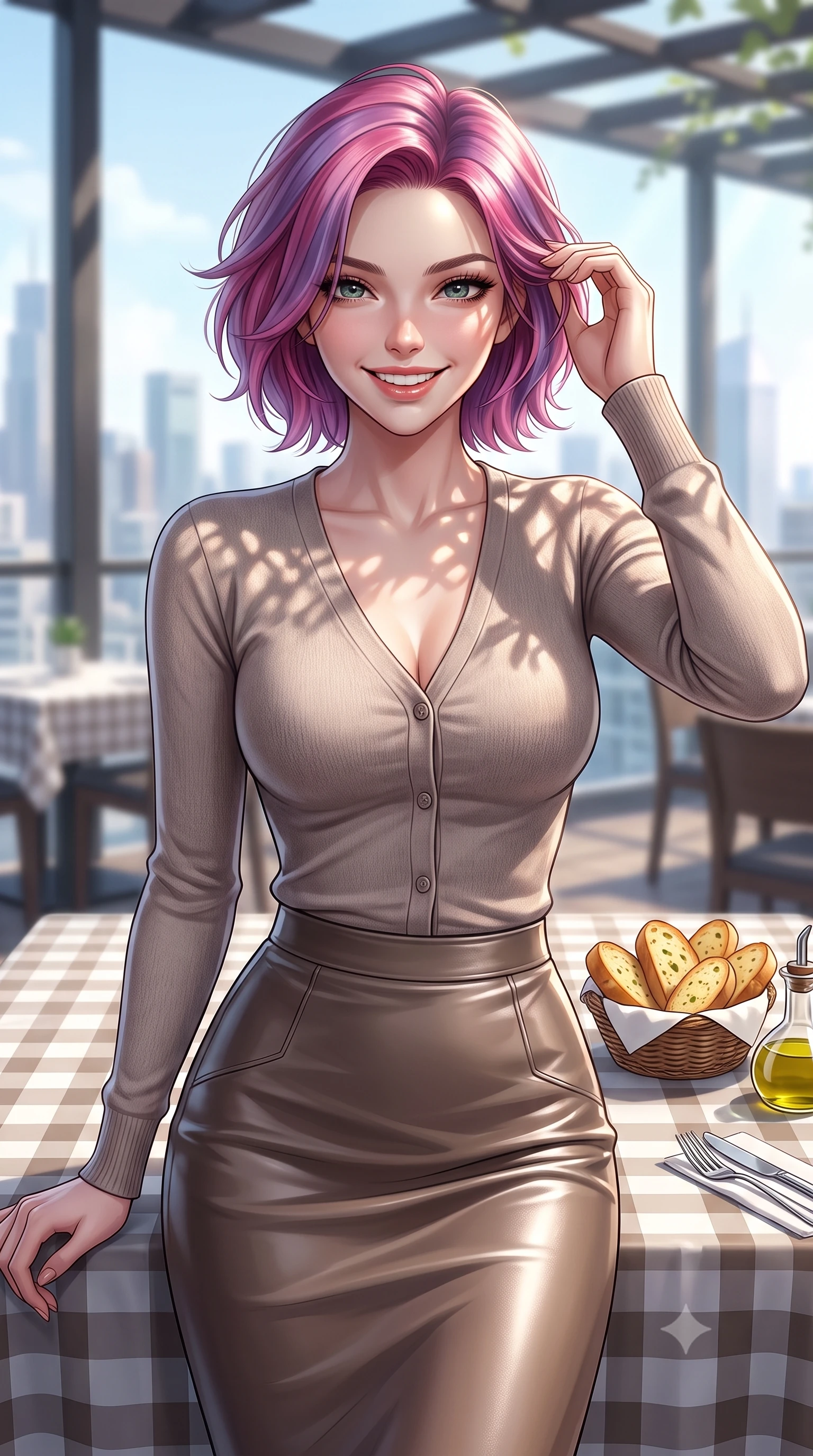 score_9, masterpiece, best quality, ultra-detailed, high-budget anime keyframe, editorial fashion photography, tasteful artistic composition, Caucasian woman. close-up cowboy shot from the waist and thighs up, the character dominates the composition, filling the frame with her large presence, background elements kept in soft focus. flashing an intoxicating, sunny grin while brushing a strand of hair away from her face set against a soft-focus background of inside a modern rooftop restaurant overlooking a bright city skyline with a basket of warm garlic bread and olive oil on the checkered tablecloth. She has an exceptionally elegant, slender, and willowy female figure with an ultra-slim waist, a gracefully sculpted slender torso, and a refined silhouette. sharp v-shaped jawline, high-bridge nose, intricate jewel-like eyes with depth, thick eyelashes, glossy lips with a natural sheen. wearing body-hugging tight-fitting cashmere cardigan closed, paired with a sleek leather midi skirt. dappled sunlight filtering through the outdoor trellis onto her shoulders. ultra-reflective glossy finish, specular highlights, metallic sheen, high-contrast stereoscopic depth, volumetric dynamic lighting, 2k, ultra detail, master piece, 9:16 ratio