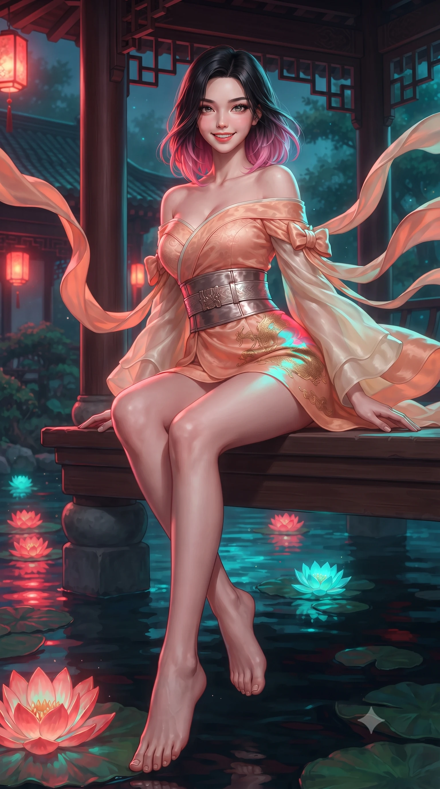 score_9, masterpiece, best quality, ultra-detailed, high-budget anime keyframe, editorial fashion photography, tasteful artistic composition, Korean woman. low angle full-body shot from head to toe showing her feet, filling the entire 9:16 vertical frame with her statuesque presence, stretching her vertical silhouette. sitting perched on the elevated pavilion terrace edge with legs crossed and hips angled toward the camera, displaying her toned midriff and long slender limbs with joyful, coquettish charm while twisting her slender torso in an alluring S-curve, glowing neon water lilies and traditional lanterns casting colorful reflections across her hips. The surrounding environment is rendered in vivid detail and crisp panoramic clarity: detailed jacquard silk dress sheen, gold dragon embroidery glints, and classical Chinese garden architecture in high resolution. She has an absolutely perfect, statuesque 8.5-heads proportion, an exceptionally tall and slender model-like female figure with impossibly long slender legs, an ultra-slim waist, a flat toned midriff, narrow delicate ribcage, and beautifully sculpted feminine hips creating a graceful, slim hourglass silhouette without any bulky heaviness. sharp v-shaped jawline, high-bridge nose, intricate jewel-like dark sparkling almond eyes with depth, thick lashes, glossy parted lips with a natural rose-plum sheen, bright alluring and coquettish smile with bedroom-eyes, exuding both timeless oriental elegance and sovereign high-fashion allure, flawlessly proportioned anatomical accuracy, strict slender model proportions, natural body alignment, perfectly sculpted long slender limbs, ultra-slim waistline, clean dynamic posture without body distortion. wearing an asymmetric off-shoulder cyber-kimono mini dress with a wide metallic obi corset belt accentuating her narrow waist in warm peach apricot and soft vanilla silk, tailored from sheer gossamer silk organza with an airy weightless flutter, accented with flowing gossamer silk ribbons that flutter dynamically in the evening breeze, the form-contouring cut accentuating her sculpted flat midriff, narrow delicate ribcage, and gracefully curvy hips with regal oriental supermodel elegance. bathed in vibrant red lantern warmth and cool electric cyan water reflections. ultra-reflective glossy finish, specular highlights, rich textural contrasts, high-contrast stereoscopic depth, volumetric dynamic lighting, 2k, ultra detail, master piece, 9:16 ratio
