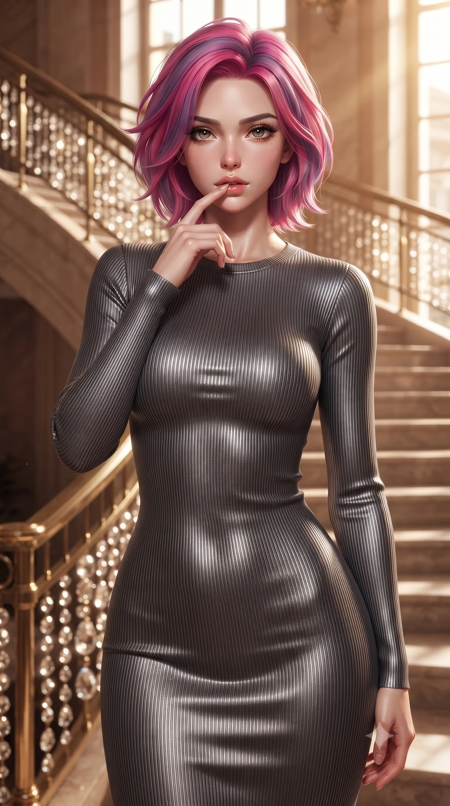 score_9, masterpiece, best quality, ultra-detailed, high-budget anime keyframe, editorial fashion photography, tasteful artistic composition, Caucasian woman. close-up cowboy shot from the waist and thighs up, the character dominates the composition, filling the frame with her large presence, background elements kept in soft focus. pressing one finger to her bottom lip in a thoughtful, seductive gesture under the warm sun the background shows a soft-focus the grand staircase lobby of an opera house with brass railings and crystal details. She has an exceptionally elegant, slender, and willowy female figure with an ultra-slim waist, a gracefully sculpted slender torso, and a refined silhouette. sharp v-shaped jawline, high-bridge nose, intricate jewel-like eyes with depth, thick eyelashes, glossy lips with a natural sheen. wearing a tailored form-contouring ribbed bodycon midi dress in charcoal grey with long sleeves. soft spotlighting highlighting the silk textures of her gown. ultra-reflective glossy finish, specular highlights, metallic sheen, high-contrast stereoscopic depth, volumetric dynamic lighting, 2k, ultra detail, master piece, 9:16 ratio