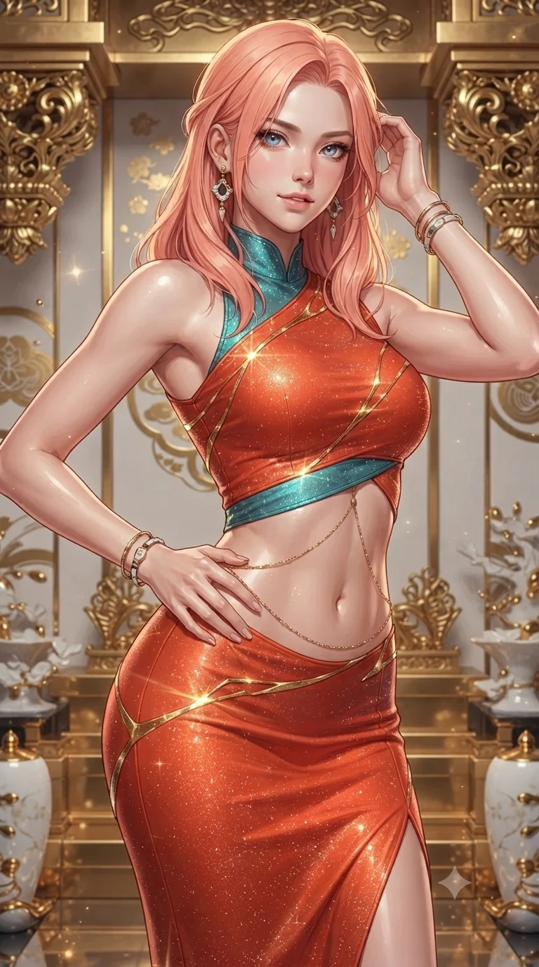 score_9, masterpiece, best quality, ultra-detailed, high-budget anime keyframe, editorial fashion photography, tasteful artistic composition, Japanese woman. close-up cowboy shot from the waist and thighs up, the character dominates the composition, filling the frame with her large presence. twisting her slender torso in an alluring contrapposto stance, one hand resting on her sculpted hip while her fingers toy with her hair with effortless poise while twisting her slender torso in an alluring contrapposto stance, shimmering golden kintsugi ribbons casting radiant reflections across her narrow waist and curvy hips. The surrounding environment is rendered in vivid detail and crisp panoramic clarity: sharp hand-carved gold filigree altar corbels, glossy porcelain fracture bevels, and crisp liquid gold droplet speculars in deep focus. She has an exceptionally elegant, slender, and willowy female figure with an ultra-slim waist, flat toned midriff, narrow ribcage, and sculpted feminine hips creating an alluring, slim hourglass silhouette without bulk. sharp v-shaped jawline, high-bridge nose, intricate jewel-like sparkling eyes with depth, thick eyelashes, glossy parted lips with a natural peach sheen, bright cheerful beaming smile with an enchanting and coquettish sensual glint, exuding both youthful cute charm and seductive allure, flawlessly proportioned anatomical accuracy, strict slender model proportions, natural body alignment, perfectly sculpted long slender limbs, ultra-slim waistline, clean dynamic posture without body distortion. wearing a glove-like stretch lambskin leather sheath dress accentuating her ultra-slim waistline without bulk in cyber-shinto vermilion and laser turquoise, woven from stretch metallic lurex jersey casting radiant starlight glints across her curves, accented with a dainty gold belly chain resting across her flat midriff and curving hips, the glove-like clinging cut tightly following the natural contour of her hips and long slender legs with youthful 8.5-heads elegance. illuminated by mirrored altar floor reflection bounce and sharp gold-leaf rim lights sculpting her razor-sharp jawline, narrow waist, and curvy hips. ultra-reflective glossy finish, specular highlights, rich textural contrasts, high-contrast stereoscopic depth, volumetric dynamic lighting, 2k, ultra detail, master piece, 9:16 ratio