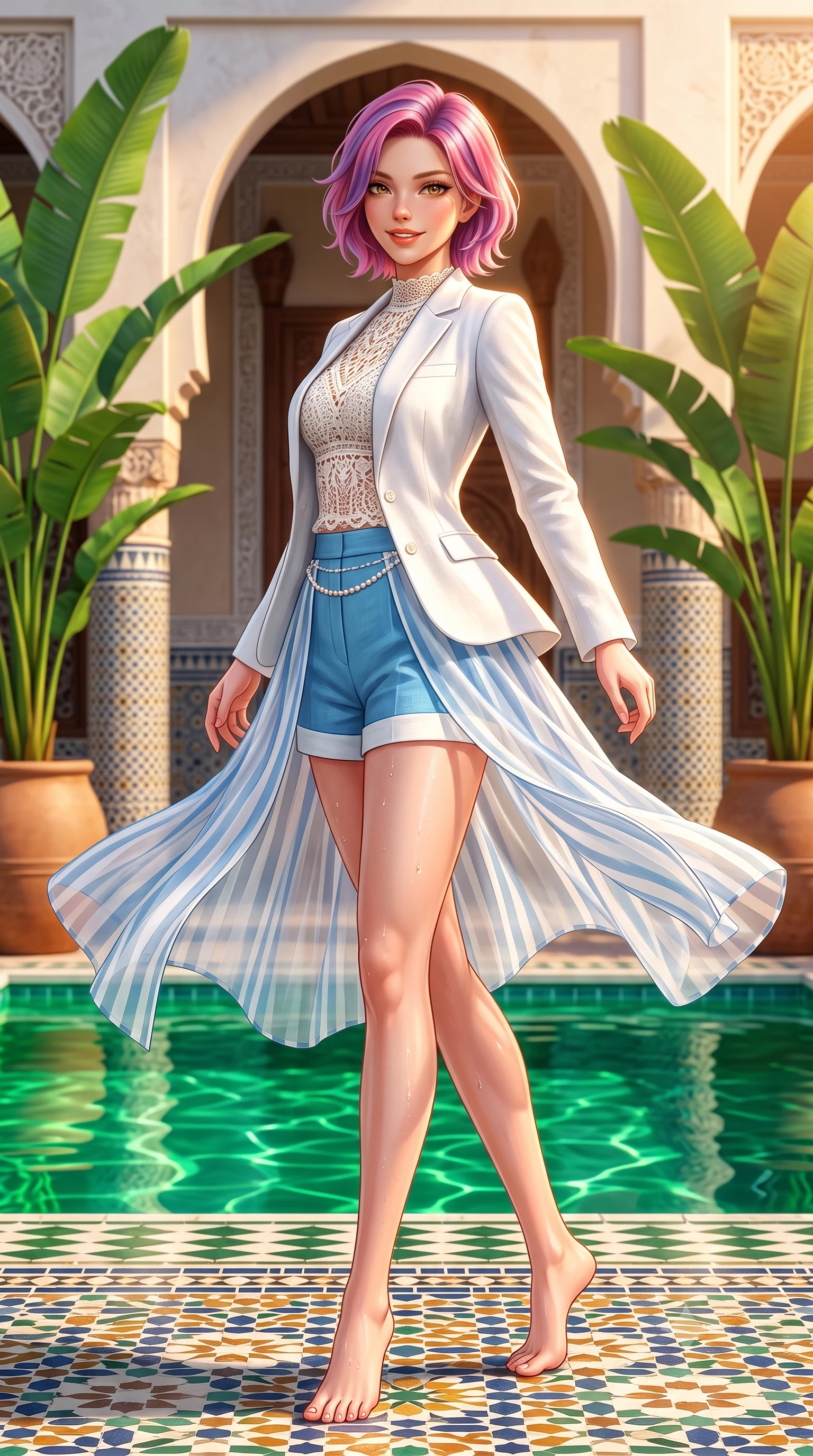 score_9, masterpiece, best quality, ultra-detailed, high-budget anime keyframe, semi-realistic 3D game render, editorial fashion photography, tasteful artistic composition, Caucasian woman. low angle full-body shot from head to toe showing her feet, filling the entire 9:16 vertical frame with her statuesque presence, stretching her vertical silhouette. executing a cheerful mid-motion pivot turn as her resort dress flutters around her slender legs, glancing over her shoulder with an intoxicating, teasing bedroom-gaze while twisting her slender torso in an alluring S-curve between giant potted banana palms, her form-contouring resort wear accentuating her narrow waist. The surrounding environment is rendered in vivid detail and crisp panoramic clarity. detailed resort crochet weave, water droplets on skin, and authentic Moroccan palace craftsmanship in high resolution. She has an exceptionally tall and slender model-like 8.5-heads proportion, an ultra-slim waist, a flat toned midriff, narrow delicate ribcage, and beautifully sculpted feminine hips creating a graceful, slim hourglass silhouette without any bulky heaviness, with impossibly long slender legs. sharp v-shaped jawline, high-bridge nose, sparkling amber-hazel eyes with depth, long lush eyelashes, glossy sun-kissed lips with a warm coral glaze, radiant teasing smile with sensual sunlit bedroom-eyes, exuding effortless old-money elegance and intoxicating sun-drenched allure, flawlessly proportioned anatomical accuracy, strict slender model proportions, natural body alignment, perfectly sculpted long slender limbs, ultra-slim waistline, clean dynamic posture without body distortion. wearing a breezy white linen tailored blazer worn over a plunging-V camisole and high-waisted tailored linen shorts in Capri sea-spray blue and crisp linen white, woven from layered gossamer organza with weightless flutter, accented with a dainty pearl waist chain catching the ambient golden hour sunlight, the form-fitting cut adhering flawlessly to her sculpted flat midriff and slender torso, emphasizing her long leg lines and perfectly proportioned willowy build. illuminated by emerald pool water caustic reflections and golden sunset rim light carving her razor-sharp jawline, narrow waist, and curvy hips. highly saturated vibrant anime colors, detailed shading with soft gradients, rich glossy textures, high-contrast stereoscopic depth, volumetric dynamic lighting, master piece, 9:16 ratio