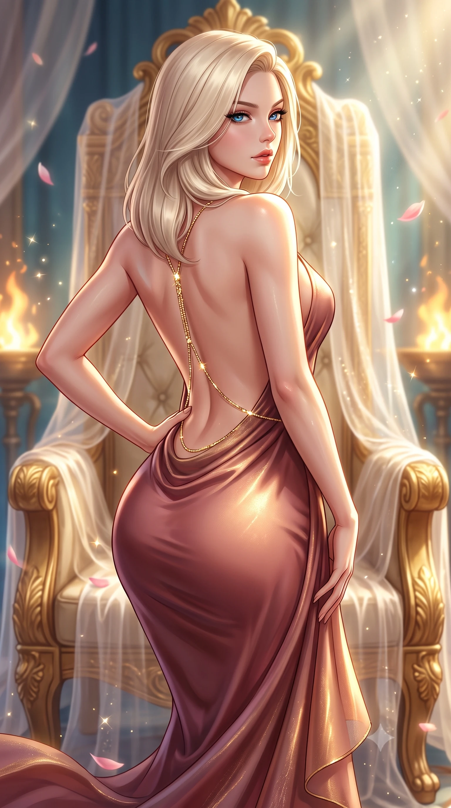 score_9, masterpiece, best quality, ultra-detailed, high-budget anime keyframe, semi-realistic 3D game render, editorial fashion photography, tasteful artistic composition, Caucasian woman. close-up cowboy shot from the waist and thighs up, the character dominates the composition, filling the frame with her large presence. posing in an alluring rear three-quarter angle, arching her lower back in a pronounced S-curve with one hand on her hip, glancing seductively over her bare shoulder with parted glossy lips while stretching languidly across a golden throne draped in sheer gossamer linen, parted glossy lips reflecting flickering sacred brazier fires. The composition keeps background elements in soft focus with creamy bokeh. sparkling pool caustics and floating lotus petals scattering radiant sunlight motes across the sanctuary. She has an exceptionally elegant, slender, and willowy female figure with an ultra-slim waist, a gracefully sculpted slender torso, toned flat midriff, and rounded feminine hips creating an alluring hourglass silhouette. sharp v-shaped jawline, high-bridge nose, intricate jewel-like eyes with depth, thick eyelashes, glossy parted lips with a natural sheen, intensely captivating and seductive bedroom-eyes expression, flawlessly proportioned anatomical accuracy, strict slender model proportions, natural body alignment, perfectly sculpted long slender limbs, ultra-slim waistline, clean dynamic posture without body distortion. wearing an open-back royal duchess satin gown with a dramatic hip-hugging drape and cascading trailing hem in dusky desert rose and liquid bronze, woven from gossamer silk organza with subtle metallic gold threads, accented with a glittering gold back chain tracing her bare spine down to her hip line, the dramatically scooped open back descending to the base of her spine, accentuating her razor-sharp statuesque lines and curvy hourglass silhouette. illuminated by intense golden specular reflections sculpting her bare collarbones, ultra-slim waist, and curvy hips. highly saturated vibrant anime colors, detailed shading with soft gradients, rich glossy textures, high-contrast stereoscopic depth, volumetric dynamic lighting, master piece, 9:16 ratio