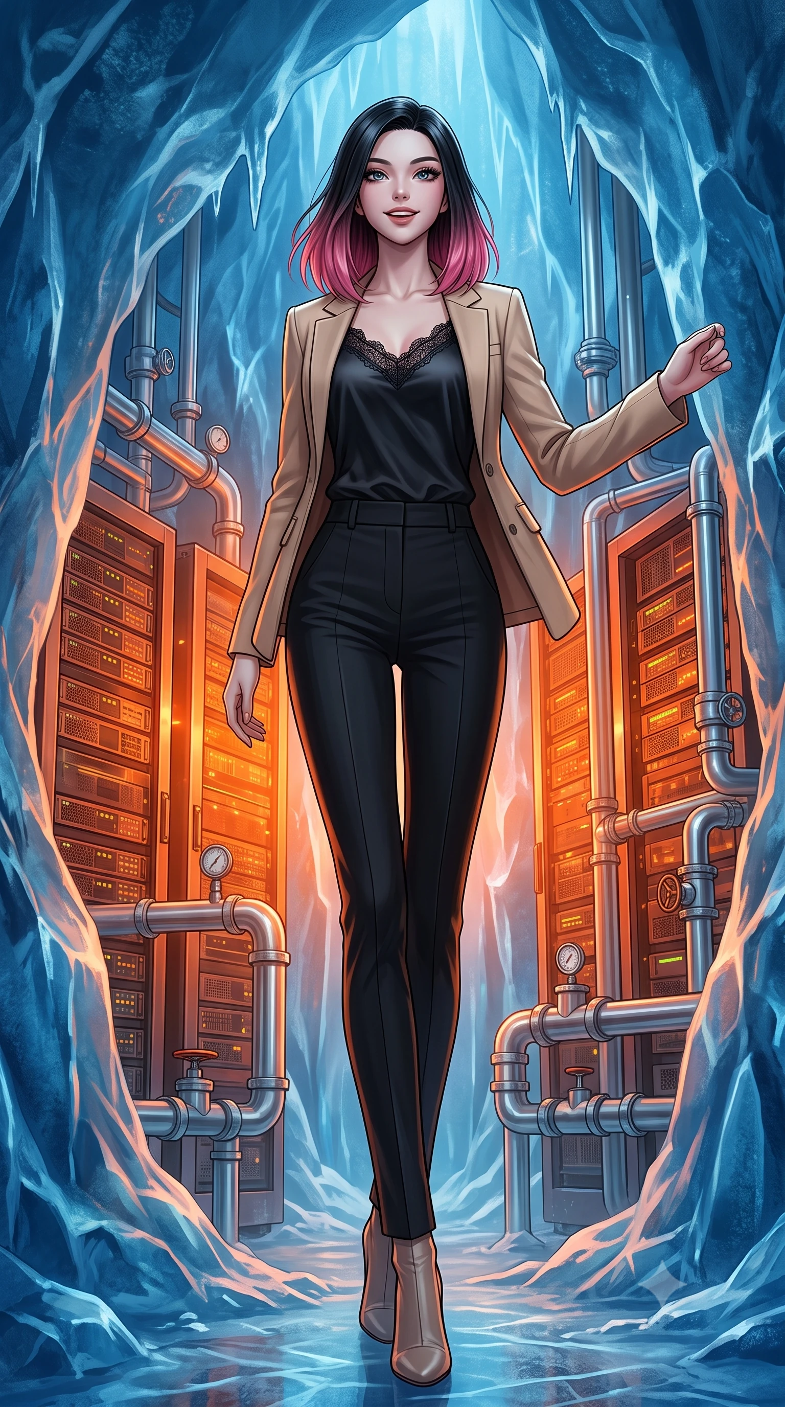 score_9, masterpiece, best quality, ultra-detailed, high-budget anime keyframe, editorial fashion photography, tasteful artistic composition, Korean woman. low angle full-body shot from head to toe showing her feet, filling the entire 9:16 vertical frame with her statuesque presence, stretching her vertical silhouette. dancing with weightless, happy grace through inside a cavern made of deep blue glacial ice housing glowing orange computer servers cooled by complex silver piping systems. She has a statuesque 8.5-heads proportion, an exceptionally tall, slender and willowy model-like build with impossibly long legs and a highly sculpted ultra-slim waist. sharp v-shaped jawline, high-bridge nose, intricate jewel-like eyes with depth, thick eyelashes, glossy lips with a natural sheen. wearing a black fine lace-trimmed satin camisole layered under a structured beige blazer, paired with tailored pencil pants. intense orange glow from the servers reflecting off the icy blue walls, creating a dramatic warm-and-cold contrast. 2k, ultra detail, master piece, 9:16 ratio
