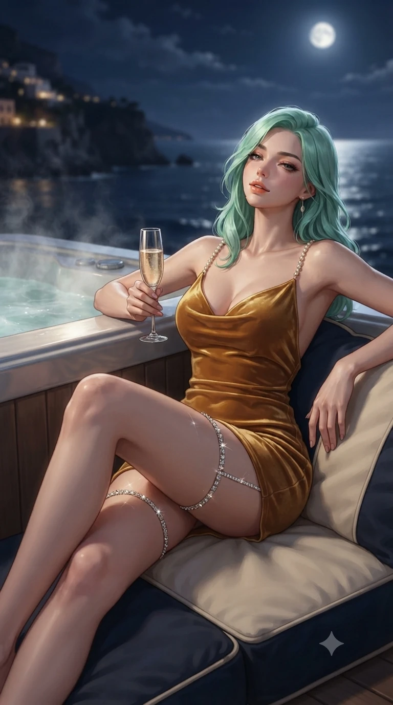 score_9, masterpiece, best quality, ultra-detailed, high-budget anime keyframe, editorial fashion photography, tasteful artistic composition, Japanese woman. close-up cowboy shot from the waist and thighs up, the character dominates the composition, filling the frame with her large presence. leaning back against the steaming jacuzzi edge with relaxed seductive grace, head tilted back slightly while casting a hypnotic, heavy-lidded gaze while reclining gracefully on plush navy-and-cream outdoor cushions with legs crossed, holding a champagne flute with an enchanting, parted-lip smile. The background shows a soft-focus the dark shimmering Mediterranean sea, distant coastal cliffside lights, and celestial full moon blurred into deep navy, silver, and gold bokeh. She has an exceptionally elegant, slender, and willowy female figure with an ultra-slim waist, flat toned midriff, narrow ribcage, and sculpted feminine hips creating an alluring, slim hourglass silhouette without bulk. sharp v-shaped jawline, high-bridge nose, sparkling eyes with hypnotic seductive depth, thick curled eyelashes, glossy parted lips with a natural dewy peach sheen, alluring bedroom-eyes with an enchanting coquettish smile, exuding magnetic siren charisma and sophisticated high-fashion glamour, flawlessly proportioned anatomical accuracy, strict slender model proportions, natural body alignment, perfectly sculpted long slender limbs, ultra-slim waistline, clean dynamic posture without body distortion. wearing a low-cut draped cowl-back satin slip mini dress with dainty pearl spaghetti straps in warm amber honey and antique gold leaf, tailored from ultra-plush velvet with rich tactile depth and deep shadow gradients, finished with delicate crystal-encrusted thigh garter straps glinting in the dim light, the glove-like clinging cut tightly following the natural contour of her hips and long slender legs with youthful 8.5-heads elegance. illuminated by ocean moonbeam bounce and sharp platinum rim lights sculpting her jawline, flat midriff, and curvaceous hips. ultra-reflective glossy finish, specular highlights, rich textural contrasts, high-contrast stereoscopic depth, volumetric dynamic lighting, 2k, ultra detail, master piece, 9:16 ratio