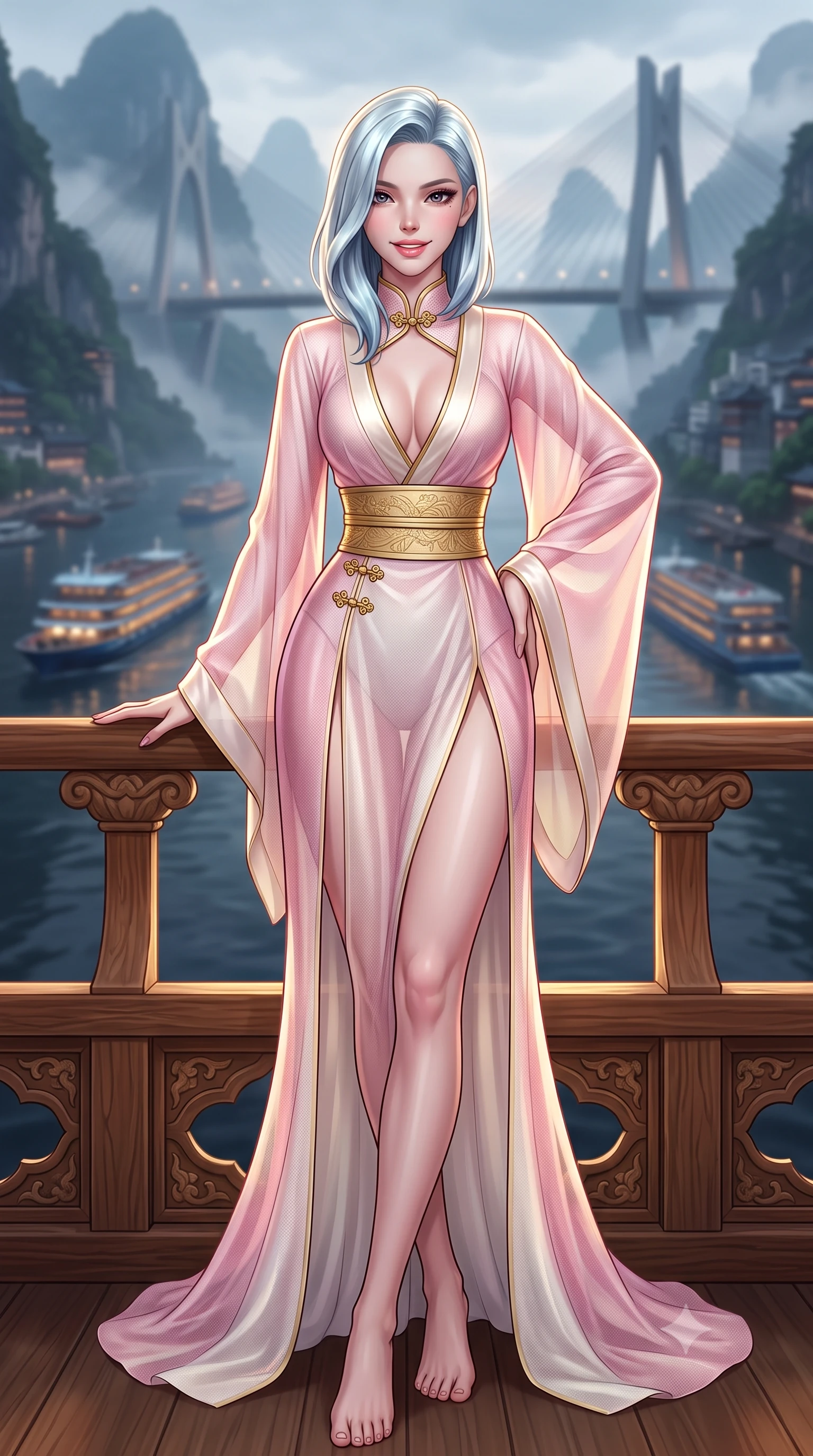 score_9, masterpiece, best quality, ultra-detailed, high-budget anime keyframe, semi-realistic 3D game render, editorial fashion photography, tasteful artistic composition, Korean woman. low angle full-body shot from head to toe showing her feet, filling the entire 9:16 vertical frame with her statuesque presence, stretching her vertical silhouette. standing in a tall, confident posture with one hand on the carved palace railing, stretching her statuesque body as she arches her lower back to emphasize her sculpted feminine hips and slender waist while lounging in a private tea lounge booth with legs crossed, her high-slit silk dress commanding the futuristic Spirited-Away-style cliffside view. The background shows a soft-focus passing illuminated river cruise ships and misty bridge towers softened in dramatic mountain-city shallow focus. She has an absolutely perfect, statuesque 8.5-heads proportion, an exceptionally tall and slender model-like female figure with impossibly long slender legs, an ultra-slim waist, a flat toned midriff, narrow delicate ribcage, and beautifully sculpted feminine hips creating a graceful, slim hourglass silhouette without any bulky heaviness. sharp v-shaped jawline, high-bridge nose, intricate jewel-like dark sparkling almond eyes with depth, thick lashes, glossy parted lips with a natural rose-plum sheen, bright alluring and coquettish smile with bedroom-eyes, exuding both timeless oriental elegance and sovereign high-fashion allure, flawlessly proportioned anatomical accuracy, strict slender model proportions, natural body alignment, perfectly sculpted long slender limbs, ultra-slim waistline, clean dynamic posture without body distortion. wearing a deep plunging-V modern kimono gown with wide flowing sleeves and a waist-cinching gold embroidered sash in soft cherry blossom pink and pearlescent ivory, made of sheer technical micro-mesh with contouring shadow effects, accented with intricate gold frog buttons and a delicate mandarin collar, the form-fitting tailored bodice adhering flawlessly to her sculpted flat midriff and slender torso, emphasizing her long leg lines and perfectly proportioned willowy build. illuminated by dark river surface reflection bounce and sharp gold rim lighting sculpting her razor-sharp jawline, narrow waist, and curvy hips. highly saturated vibrant anime colors, detailed shading with soft gradients, rich glossy textures, high-contrast stereoscopic depth, volumetric dynamic lighting, master piece, 9:16 ratio