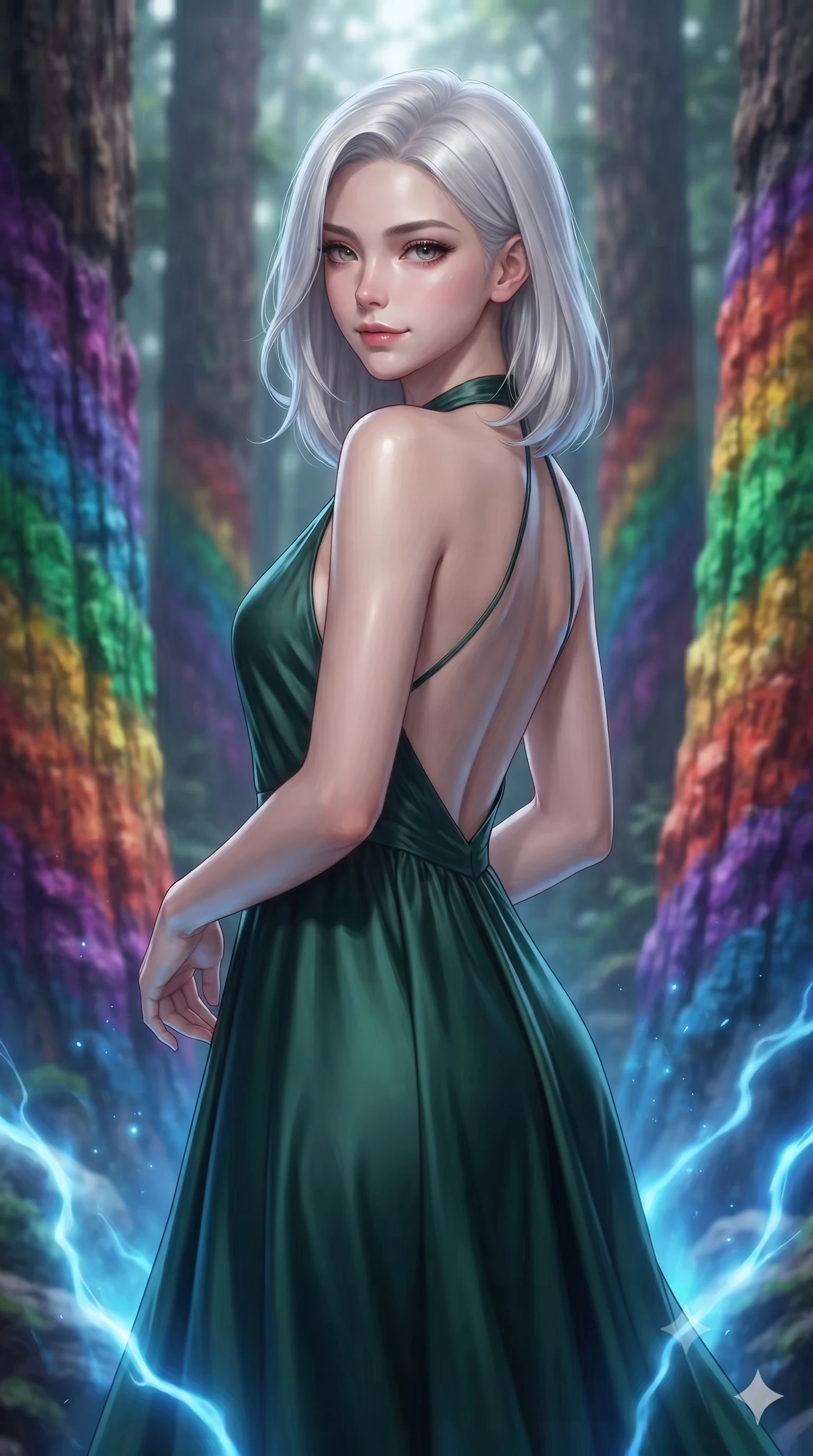 score_9, masterpiece, best quality, ultra-detailed, high-budget anime keyframe, editorial fashion photography, tasteful artistic composition, Korean woman. close-up cowboy shot from the waist and thighs up, the character dominates the composition, filling the frame with her large presence, background elements kept in soft focus. Glancing sidelong over her shoulder with a smoldering half-smile. set against a soft-focus background of walking through a forest of massive petrified trees where millions of years of mineralization have created stunning rainbow bands of color through each trunk ranging from deep purple through all spectrum colors to vivid red. She has an exceptionally elegant and slender, willowy female figure with an ultra-slim waist, a gracefully sculpted slender torso, and a refined slim physique. sharp v-shaped jawline, high-bridge nose, intricate jewel-like eyes with depth, thick eyelashes, glossy lips with a natural sheen. wearing a backless halter-neck silk dress in deep forest green, flowing elegantly along her slender figure. pulsing electric blue plasma arc lighting rising dramatically from below. 2k, ultra detail, master piece, 9:16 ratio