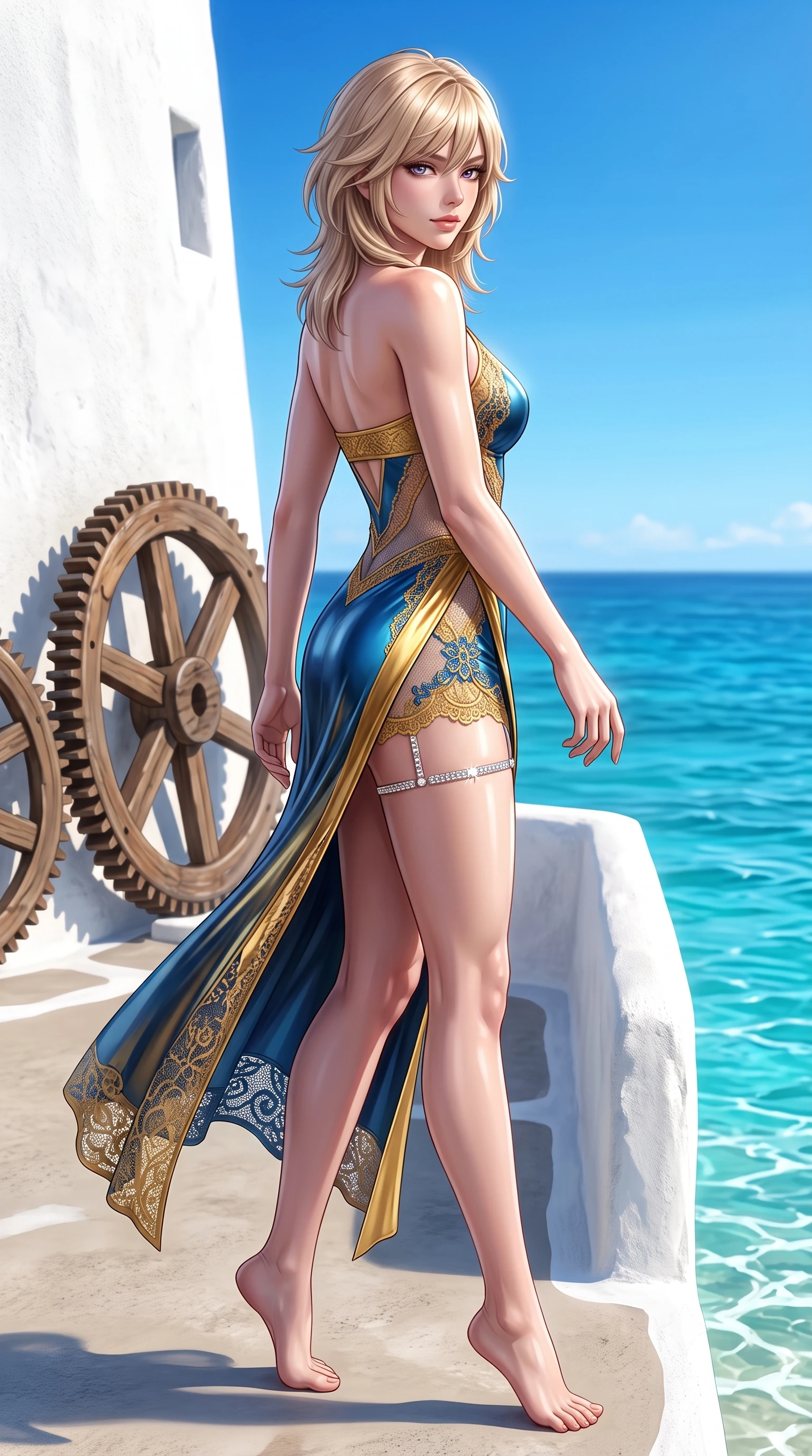 score_9, masterpiece, best quality, ultra-detailed, high-budget anime keyframe, semi-realistic 3D game render, editorial fashion photography, tasteful artistic composition, Japanese woman. low angle full-body shot from head to toe showing her feet, filling the entire 9:16 vertical frame with her statuesque presence, stretching her vertical silhouette. walking along the terrace with poise, looking back over her bare shoulder with an irresistible smoldering bedroom-gaze while twisting her slender torso in an alluring contrapposto stance, fresh island breezes molding her form-fitting outfit to her curvy hips. The surrounding environment is rendered in vivid detail and crisp panoramic clarity: sharp stucco whitewash wall texture, rustic wooden windmill gear wheels, and turquoise sea foam clarity in deep focus. She has an absolutely perfect, statuesque 8.5-heads proportion, an exceptionally tall and slender model-like female figure with impossibly long slender legs, an ultra-slim waist, a flat toned midriff, narrow delicate ribcage, and beautifully sculpted feminine hips creating a graceful, slim hourglass silhouette without any bulky heaviness. sharp v-shaped jawline, high-bridge nose, sparkling eyes with hypnotic seductive depth, thick curled eyelashes, glossy parted lips with a natural dewy peach sheen, alluring bedroom-eyes with an enchanting coquettish smile, exuding magnetic siren charisma and sophisticated glamour, flawlessly proportioned anatomical accuracy, strict slender model proportions, natural body alignment, perfectly sculpted long slender limbs, ultra-slim waistline, clean dynamic posture without body distortion. wearing a deep V-neck wet-look liquid lycra romper with side-torso mesh inserts accentuating her hourglass curves in molten liquid gold and deep ocean sapphire, made of delicate semi-sheer crochet lace with intricate openwork floral knit, finished with delicate crystal-encrusted thigh garter straps glinting in the sunlight, the high-slit wrap tailoring accentuating her ultra-slim waistline and the enchanting curve of her feminine hips with alluring seductive charm. illuminated by Aegean water reflection fill and sharp platinum rim lights sculpting her delicate clavicles, narrow waist, and curvy hips. highly saturated vibrant anime colors, detailed shading with soft gradients, rich glossy textures, high-contrast stereoscopic depth, volumetric dynamic lighting, master piece, 9:16 ratio