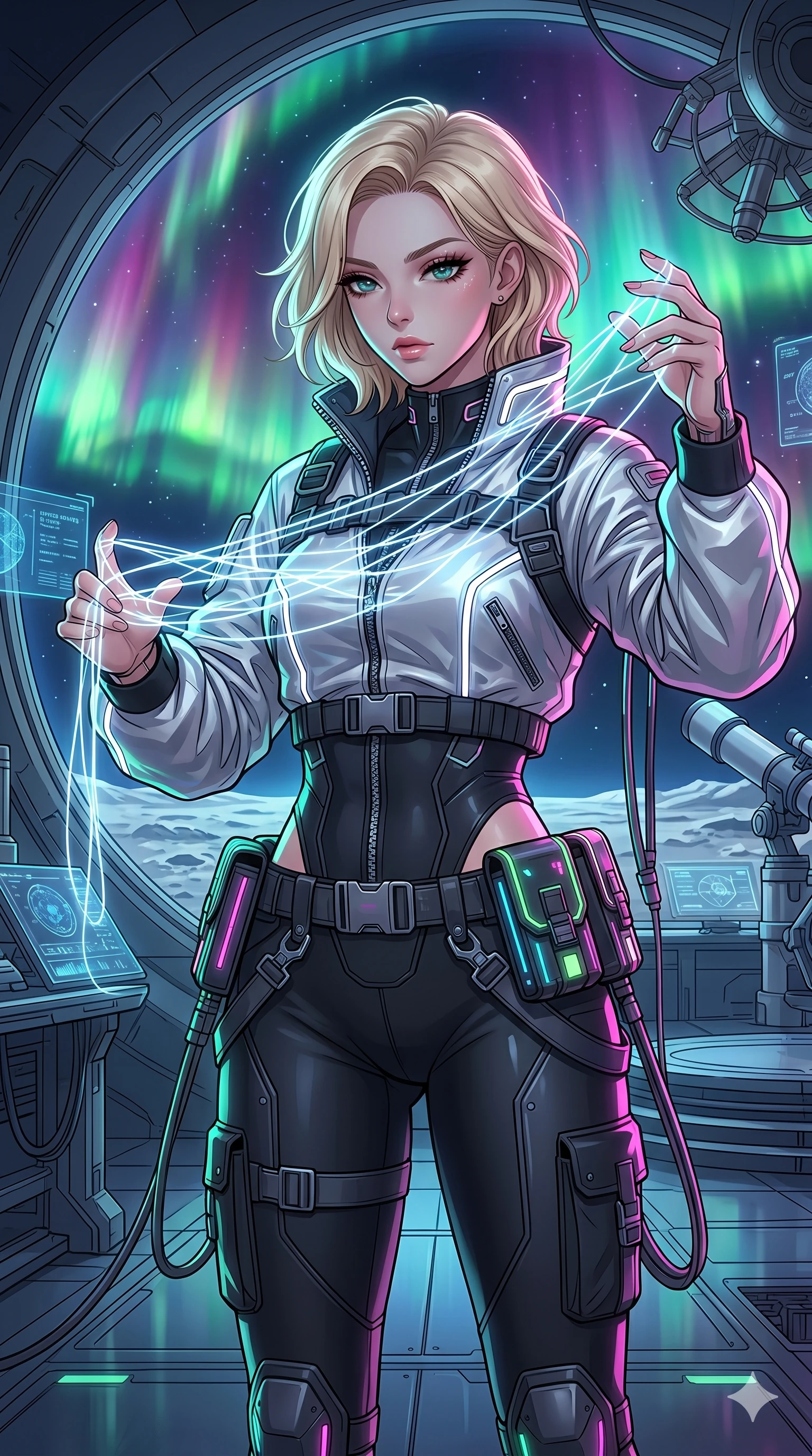 score_9, masterpiece, best quality, ultra-detailed, high-budget anime movie keyframe, cinematic anime lighting, intricate line art, Caucasian (strictly human ears) woman. Medium shot of upper body capturing the intricate details of her high-fashion attire. weaving threads of light in a lunar observatory amidst aurora borealis. She has an absolutely perfect 8-heads proportion, an exceptionally tall and slender female figure with an ultra-slim waist and impossibly long slender legs. sharp v-shaped jawline, high-bridge nose, intricate jewel-like eyes, thick eyelashes, glossy lips. Wearing modern urban tech-wear ensemble with a cropped reflective bomber jacket, ultra-slim high-waisted cargo leggings, and tactical harness with neon-lit pouches. The scene is illuminated by dramatic atmospheric lighting and vibrant color palettes. , 2k, ultra detail, master piece, 9:16 ratio