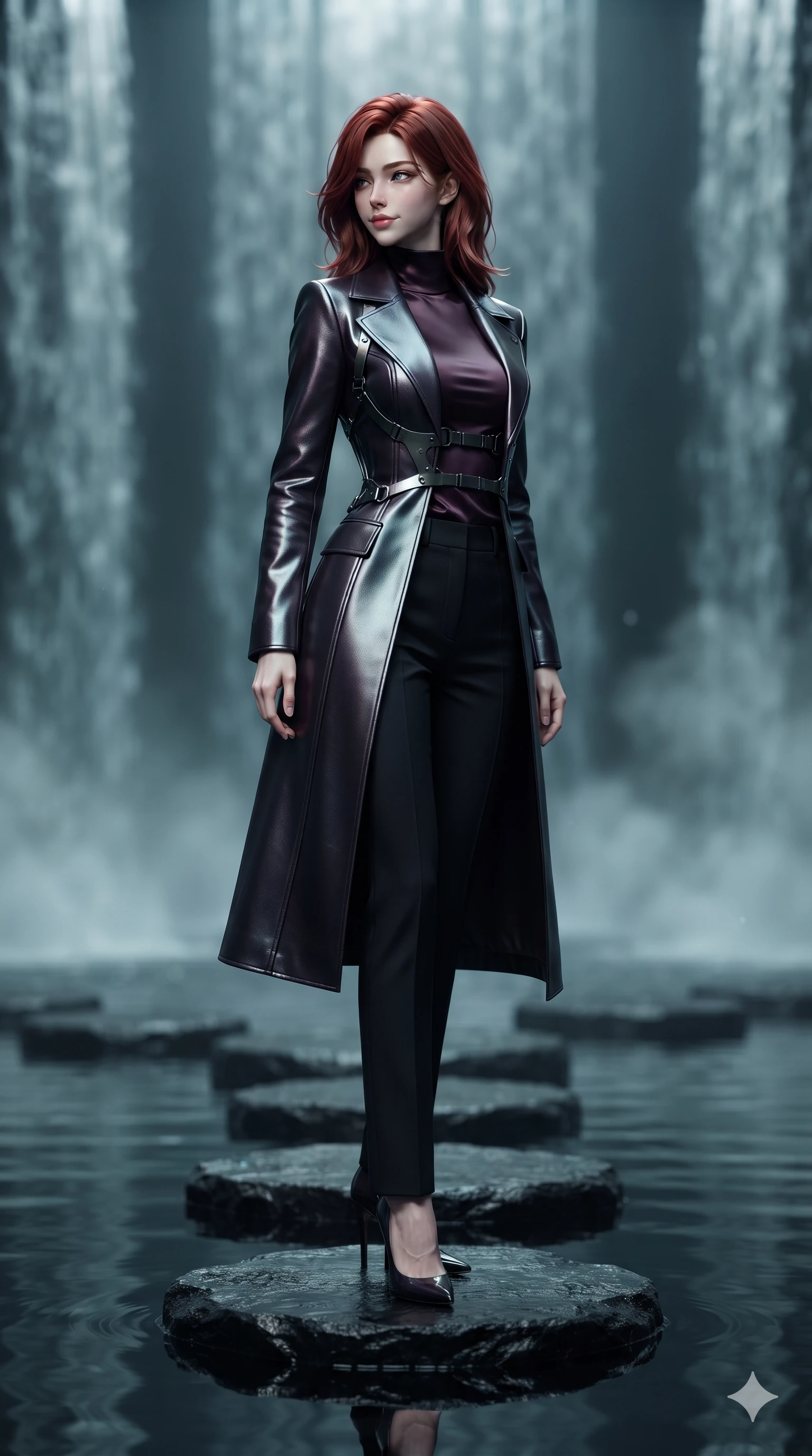 score_9, masterpiece, best quality, ultra-detailed, high-budget anime keyframe, editorial fashion photography, tasteful artistic composition, Korean woman. low angle full-body shot from head to toe showing her feet, filling the entire 9:16 vertical frame with her statuesque presence, stretching her vertical silhouette. executing a slow, elegant turn as her liquid gown flutters around her slender legs, glancing over her shoulder with an intoxicating bedroom-gaze while standing poised on a floating obsidian stepping stone in the still reflecting pool, arching her lower back with sovereign supermodel grace. The background shows a soft-focus vertical cascading water walls, floating black volcanic stone pathways, and rising water vapor blurred into charcoal, teal, and slate bokeh. She has an absolutely perfect, statuesque 8.5-heads proportion, an exceptionally tall and slender model-like female figure with impossibly long slender legs, an ultra-slim waist, a flat toned midriff, narrow delicate ribcage, and beautifully sculpted feminine hips creating a graceful, slim hourglass silhouette without any bulky heaviness. sharp v-shaped jawline, high-bridge nose, intricate jewel-like dark sparkling eyes with hypnotic seductive depth, thick curled eyelashes, glossy parted lips with a natural wine sheen, alluring bedroom-eyes with an enigmatic smoldering smile, exuding magnetic sovereign charisma and dark avant-garde glamour, flawlessly proportioned anatomical accuracy, strict slender model proportions, natural body alignment, perfectly sculpted long slender limbs, ultra-slim waistline, clean dynamic posture without body distortion. wearing a structured dark leather long coat over a turtleneck and tailored slacks in obsidian black and dark plum violet, tailored from soft dark satin with subtle light-absorbing depth, highlighted by a gunmetal metallic harness structure, the bespoke structured tailoring following the natural line of her 8.5-heads silhouette with refined elegance. illuminated by water reflection upward bounce and sharp electric-cyan rim lights defining her razor-sharp jawline, narrow waist, and curvy hips. ultra-reflective glossy finish, specular highlights, metallic sheen, high-contrast stereoscopic depth, volumetric dynamic lighting, 2k, ultra detail, master piece, 9:16 ratio