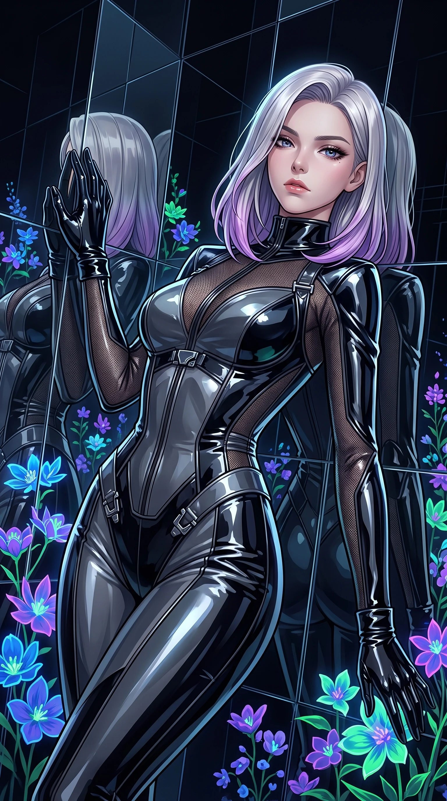 score_9, masterpiece, best quality, ultra-detailed, High-budget Anime Keyframe, Caucasian woman, strictly human ears. Low angle cowboy shot filling the entire 9:16 frame with her statuesque presence. Scenario 303: leaning back against a wall of virtual mirrors in a virtual garden where neon flowers bloom in the dark. Her presence is magnetic and overpowering in this high-budget anime scene. Outfit 303: a tailored patent leather liquid with a sheer panels and wet-look texture. The clothing is designed to emphasize her exceptionally tall and slender 8-heads proportion. 8-heads proportion, towering silhouette, ultra-slim waist. sharp v-shaped jawline, intricate jewel-like eyes with depth, thick eyelashes, glossy lips. 2k, ultra detail, master piece, 9:16 ratio