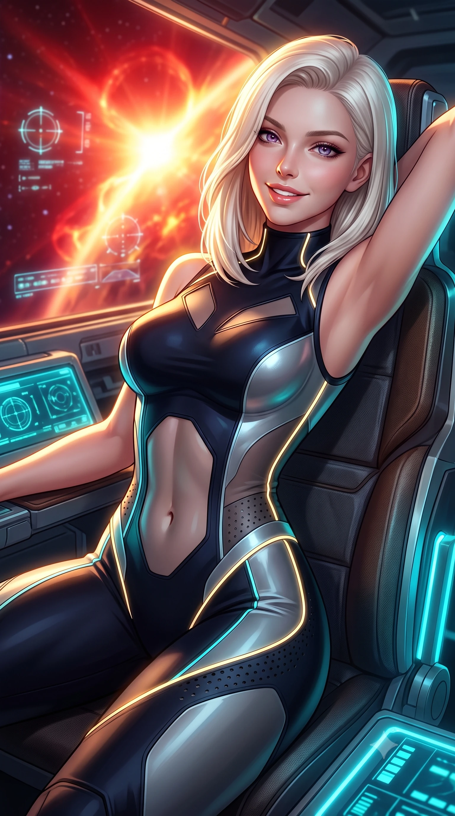 score_9, masterpiece, best quality, ultra-detailed, high-budget anime keyframe, semi-realistic 3D game render, editorial fashion photography, tasteful artistic composition, Caucasian woman. close-up cowboy shot from the waist and thighs up, the character dominates the composition, filling the frame with her large presence. leaning back against the glowing maintenance bulkhead with relaxed seductive grace, her flat midriff and narrow waist highlighted as laser ambient light traces her curves while strapped into the ergonomic pilot flight seat, arching her spine with sovereign composure as blinding crimson and gold solar flares erupt outside. The background shows a soft-focus floating holographic flight reticles and cockpit canopy micro-circuits softened in thrilling spaceflight shallow focus. She has an exceptionally elegant, slender, and willowy female figure with an ultra-slim waist, flat toned midriff, narrow ribcage, and sculpted feminine hips creating an alluring, slim hourglass silhouette without bulk. sharp v-shaped jawline, high-bridge nose, intricate jewel-like sparkling eyes with depth, thick eyelashes, glossy parted lips with a natural sheen, bright confident smile with an enchanting and coquettish sensual glint, exuding both youthful magnetic charm and sovereign high-tech allure, flawlessly proportioned anatomical accuracy, strict slender model proportions, natural body alignment, perfectly sculpted long slender limbs, ultra-slim waistline, clean dynamic posture without body distortion. wearing a sleeveless high-collar cyber pilot suit in liquid-look obsidian jersey with strategic sheer ventilation panels in reflective liquid mercury and matte phantom grey, made of high-grade ballistic nylon with precision laser-cut perforations, accented with glowing neon fiber-optic piping tracing her spine and hip lines, the form-contouring cut accentuating her sculpted flat midriff, narrow delicate ribcage, and gracefully curvy hips with cybernetic supermodel precision. illuminated by instrument panel cyan bounce and sharp golden rim lights sculpting her sculpted collarbones, ultra-slim waist, and curvy hips. highly saturated vibrant anime colors, detailed shading with soft gradients, rich glossy textures, high-contrast stereoscopic depth, volumetric dynamic lighting, master piece, 9:16 ratio