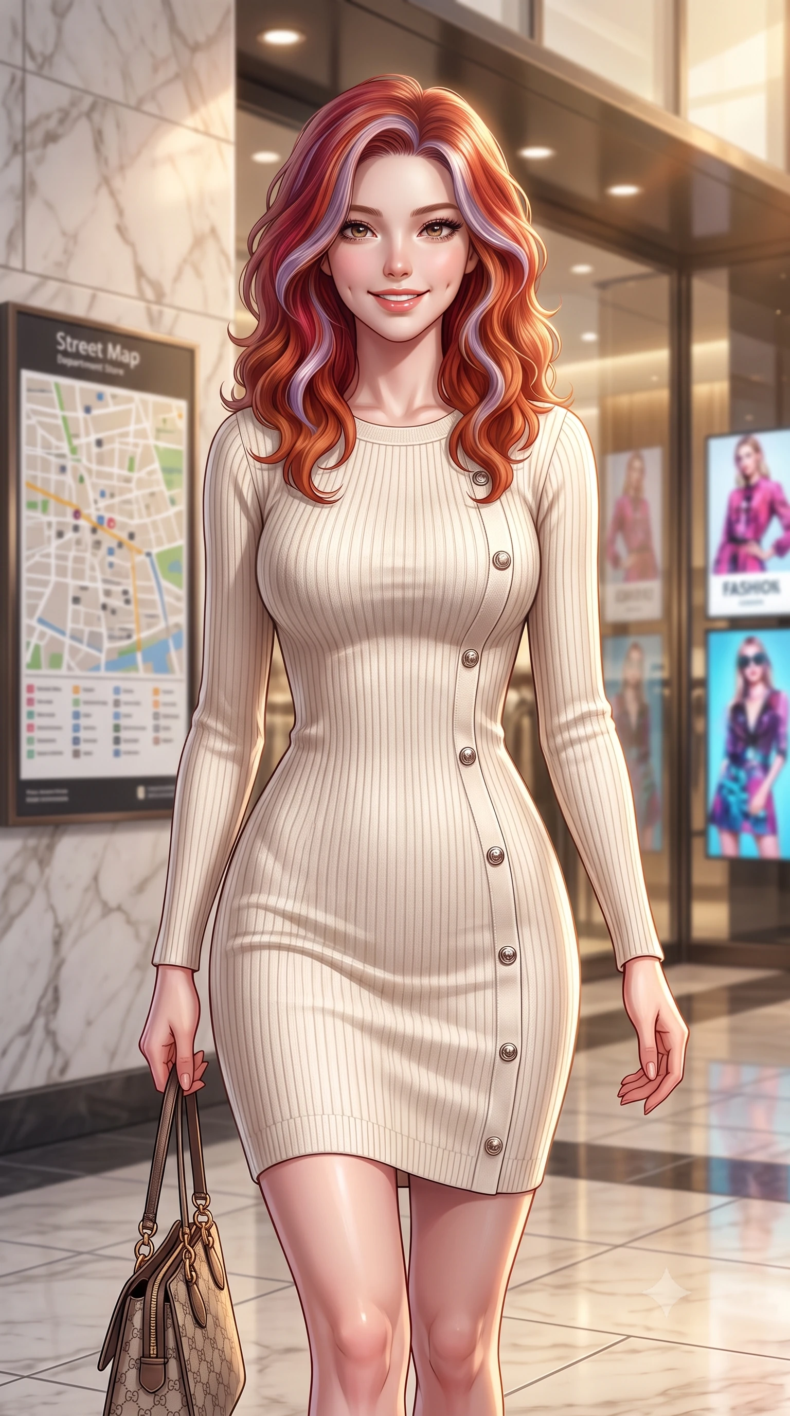 score_9, masterpiece, best quality, ultra-detailed, high-budget anime keyframe, editorial fashion photography, tasteful artistic composition, Caucasian woman. close-up cowboy shot from the waist and thighs up, the character dominates the composition, filling the frame with her large presence, background elements kept in soft focus. smiling with soft, captivating dimples, casting a warm yet magnetic gaze directly into the lens set against a soft-focus background of near a chic department store entrance with marble walls and glass displays with a street map board and digital fashion advertisements in the background. She has an exceptionally elegant, slender, and willowy female figure with an ultra-slim waist, a gracefully sculpted slender torso, and a refined silhouette. sharp v-shaped jawline, high-bridge nose, intricate jewel-like eyes with depth, thick eyelashes, glossy lips with a natural sheen. wearing form-contouring form-fitting ribbed knit dress in cream, contouring her slender silhouette. soft morning sun rays painting the street in a fresh, energetic gold tone. ultra-reflective glossy finish, specular highlights, metallic sheen, high-contrast stereoscopic depth, volumetric dynamic lighting, 2k, ultra detail, master piece, 9:16 ratio