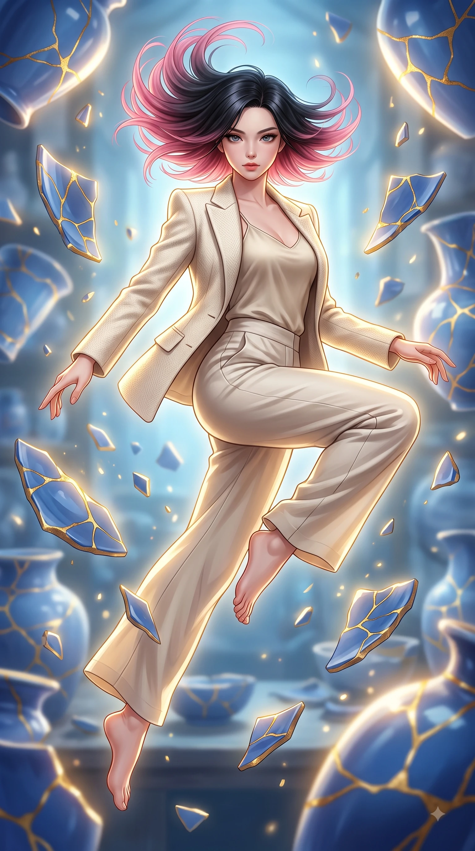 score_9, masterpiece, best quality, ultra-detailed, high-budget anime keyframe, editorial fashion photography, tasteful artistic composition, Korean woman woman. low angle full-body shot from head to toe showing her feet, filling the entire 9:16 vertical frame with her statuesque presence, stretching her vertical silhouette. She has an absolutely perfect, statuesque 8.5-heads proportion, an exceptionally tall and slender model-like female figure with impossibly long slender legs and an ultra-slim waist. leaping inside the glowing space with athletic poise, her hair swirling in a dynamic wind vortex, flawlessly proportioned anatomical accuracy, natural body alignment, perfectly sculpted elegant limbs, clean dynamic posture without body distortion. set against a soft-focus background of a floating blue porcelain workshop with levitating kintsugi shards. wearing a tailored cream wool blazer over an oatmeal silk camisole and wide-leg trousers. bathed in gold ethereal light radiating from gold cracks in floating ceramics with intense inner glow. highly saturated vibrant anime colors, detailed shading with soft gradients, rich glossy textures, high-contrast stereoscopic depth, volumetric dynamic lighting, master piece, 9:16 ratio