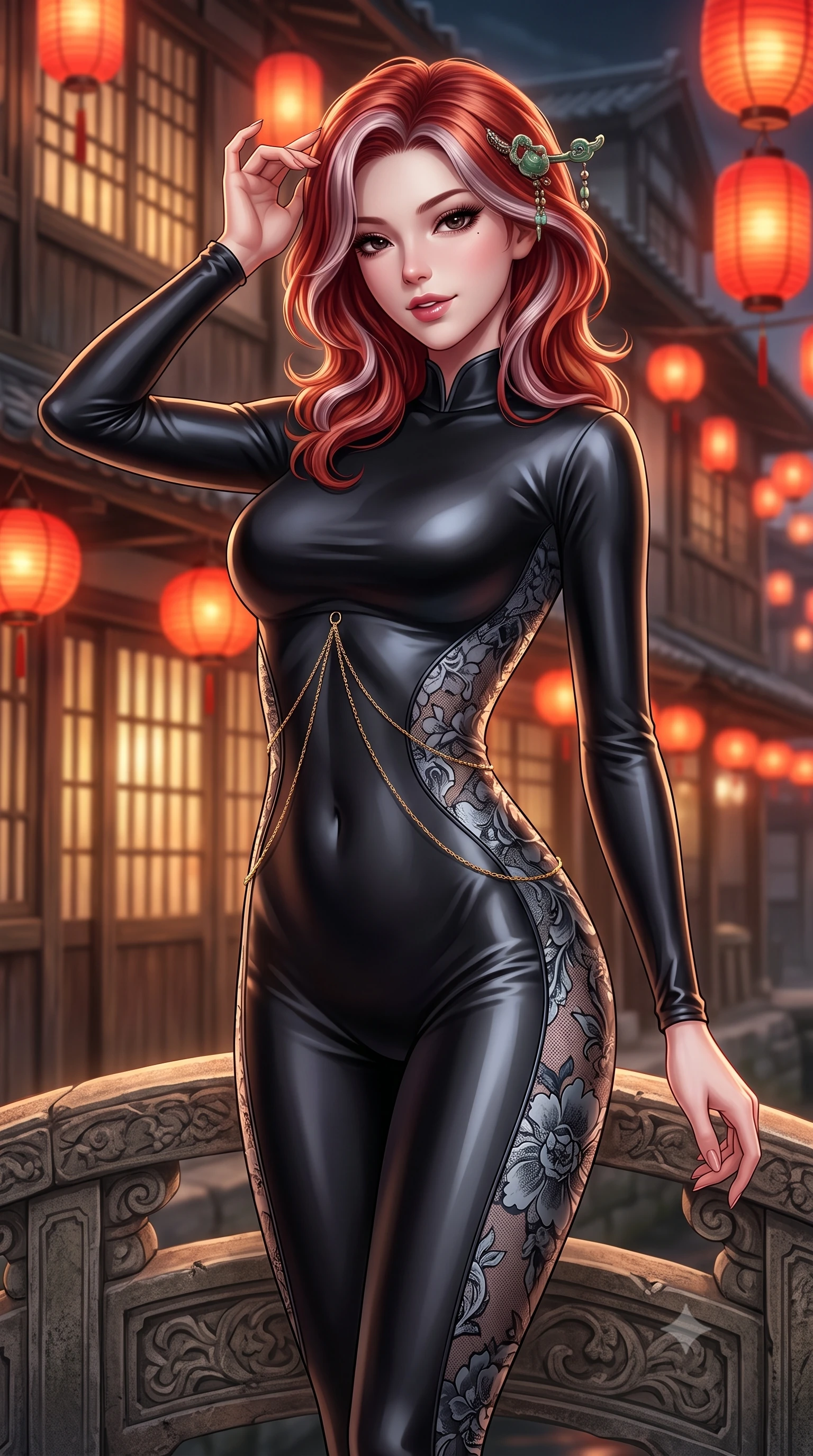 score_9, masterpiece, best quality, ultra-detailed, high-budget anime keyframe, semi-realistic 3D game render, editorial fashion photography, tasteful artistic composition, Caucasian woman. close-up cowboy shot from the waist and thighs up, the character dominates the composition, filling the frame with her large presence. tilting her head with an alluring smile while arching her spine with dancer poise, one hand touching her ornate jade hairpin in a flirtatious S-curve while standing poised on the ancient arched stone bridge above the clear canal water, arching her spine with sovereign geisha-inspired poise. The background shows a soft-focus historic wooden machiya teahouse facades and glowing red paper lanterns blurred into warm vermilion, honey, and charcoal bokeh. She has an exceptionally elegant, slender, and willowy female figure with an ultra-slim waist, flat toned midriff, narrow ribcage, and sculpted feminine hips creating an alluring, slim hourglass silhouette without bulk. sharp v-shaped jawline, high-bridge nose, intricate jewel-like dark sparkling almond eyes with depth, thick lashes, glossy parted lips with a natural rose-plum sheen, bright alluring and coquettish smile with bedroom-eyes, exuding both timeless oriental elegance and sovereign high-fashion allure, flawlessly proportioned anatomical accuracy, strict slender model proportions, natural body alignment, perfectly sculpted long slender limbs, ultra-slim waistline, clean dynamic posture without body distortion. wearing a second-skin black silk jersey catsuit with delicate oriental floral lace panels along the ribs and thighs in misty ink-wash slate grey and liquid silver, crafted from heavy fluid silk satin with a liquid mirror-like sheen, accented with a delicate gold body chain draping loosely across her flat midriff, the form-contouring cut accentuating her sculpted flat midriff, narrow delicate ribcage, and gracefully curvy hips with regal oriental supermodel elegance. bathed in the warm nostalgic glow of red paper street lanterns and teahouse window spill. highly saturated vibrant anime colors, detailed shading with soft gradients, rich glossy textures, high-contrast stereoscopic depth, volumetric dynamic lighting, master piece, 9:16 ratio