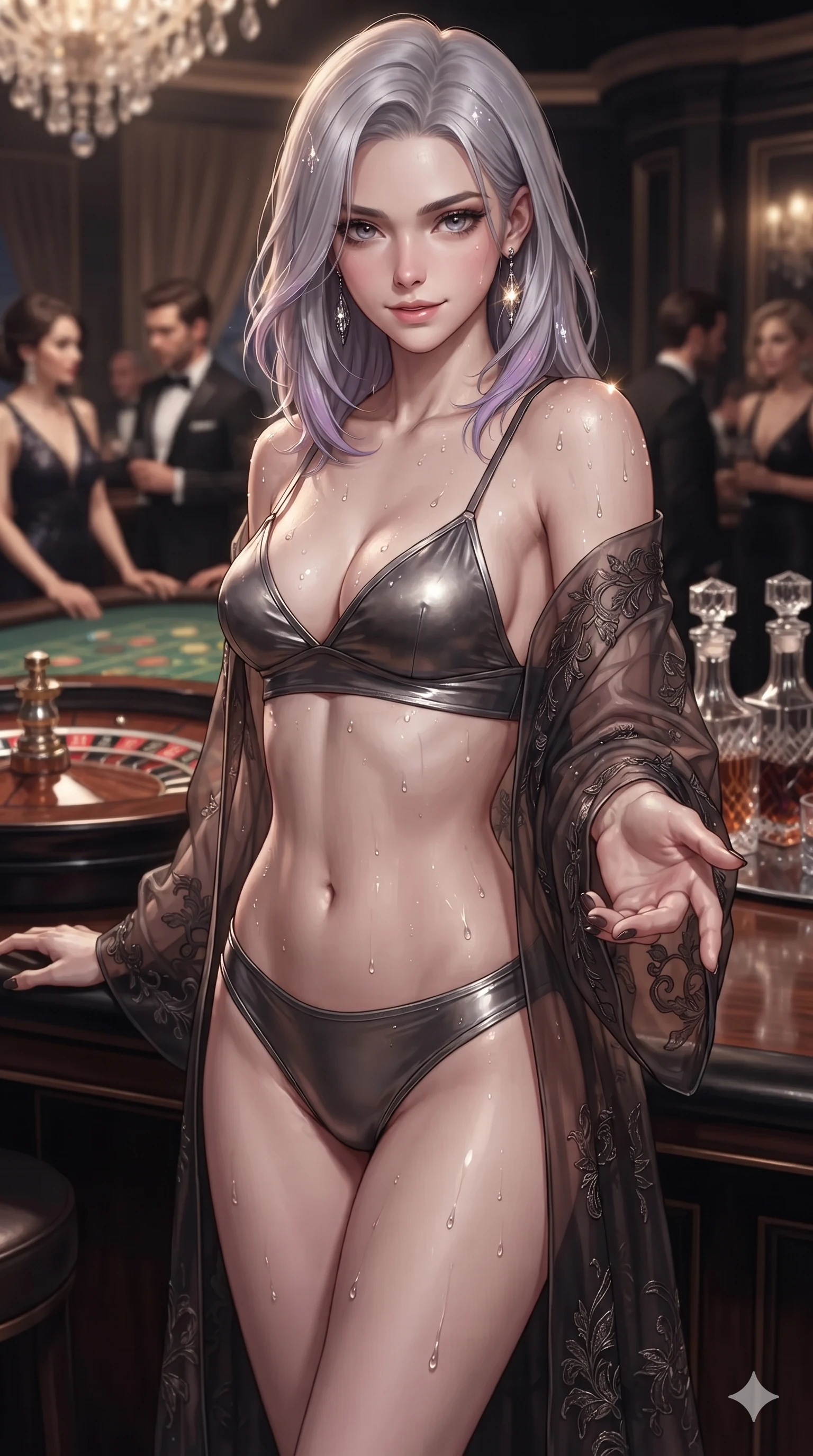 score_9, masterpiece, best quality, ultra-detailed, high-budget anime keyframe, editorial fashion photography, tasteful artistic composition, Caucasian woman. close-up cowboy shot from the waist and thighs up, the character dominates the composition, filling the frame with her large presence. reaching one hand toward the viewer with relaxed dark elegance, her sculpted waistline catching specular highlights while standing tall beside the high-roller private salon bar, arching her spine with sovereign dark glamour as chandelier prisms glint in her hair. The background shows a soft-focus exclusive underground high-stakes salon softened in luxury gaming shallow focus. She has an exceptionally elegant, slender, and willowy female figure with an ultra-slim waist, flat toned midriff, narrow ribcage, and sculpted feminine hips creating an alluring, slim hourglass silhouette without bulk. sharp v-shaped jawline, high-bridge nose, intricate jewel-like dark sparkling eyes with hypnotic seductive depth, thick curled eyelashes, glossy parted lips with a natural wine sheen, alluring bedroom-eyes with an enigmatic smoldering smile, exuding magnetic sovereign charisma and dark avant-garde glamour, flawlessly proportioned anatomical accuracy, strict slender model proportions, natural body alignment, perfectly sculpted long slender limbs, ultra-slim waistline, clean dynamic posture without body distortion. wearing a sheer gossamer organza evening kimono slipping off bare shoulders over a matching satin micro-bralette and briefs in liquid mercury chrome and smoky quartz, made of liquid dark mercury jersey with seamless sculpting hold and fluid drape, finished with glistening moisture droplets beading across her sculpted shoulders and flat midriff, accentuating her gracefully sculpted slender torso and statuesque proportions. illuminated by polished mahogany table bounce and sharp champagne-gold rim lights sculpting her razor-sharp jawline, narrow waist, and curvy hips. ultra-reflective glossy finish, specular highlights, metallic sheen, high-contrast stereoscopic depth, volumetric dynamic lighting, 2k, ultra detail, master piece, 9:16 ratio