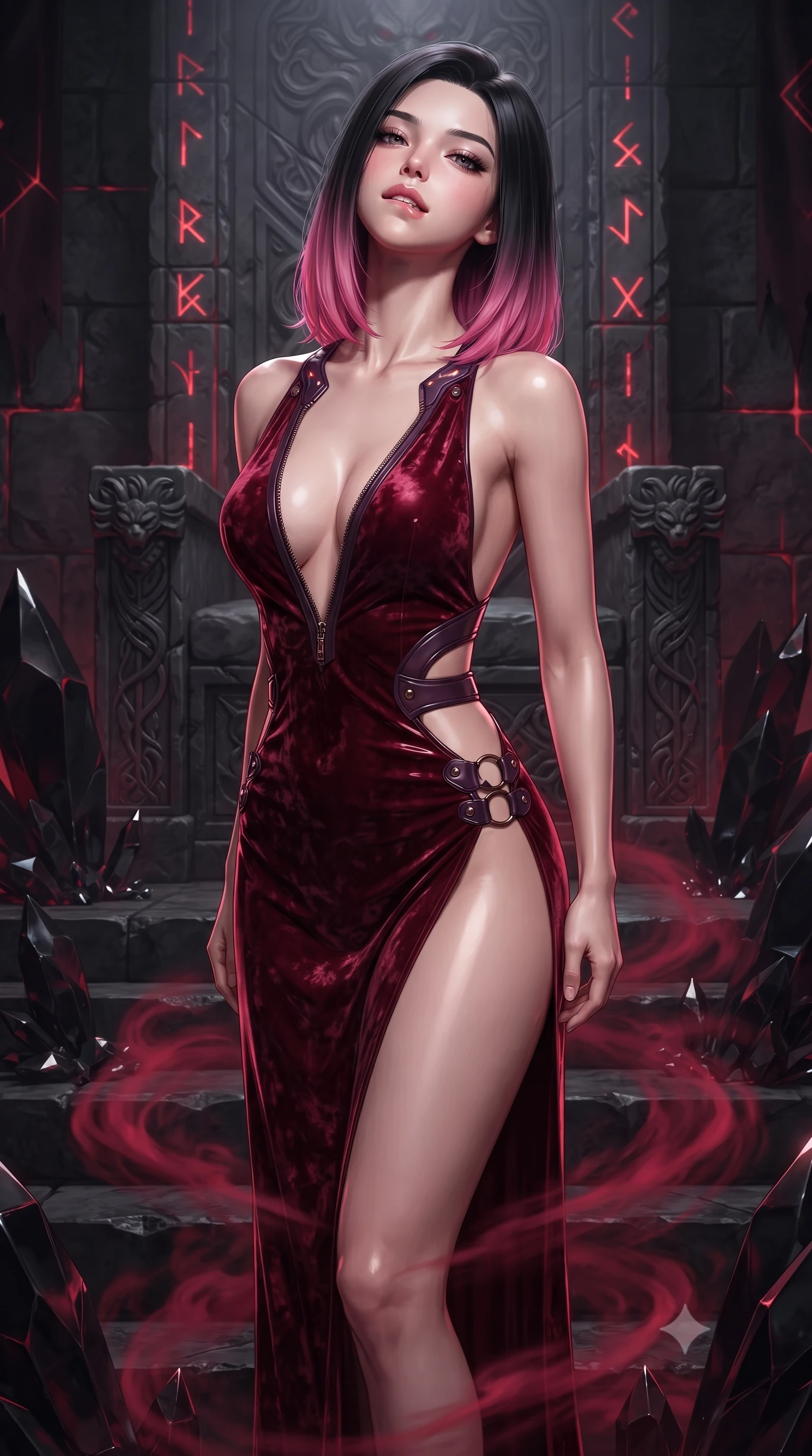 score_9, masterpiece, best quality, ultra-detailed, high-budget anime keyframe, editorial fashion photography, tasteful artistic composition, Korean woman. close-up cowboy shot from the waist and thighs up, the character dominates the composition, filling the frame with her large presence. tilting her head back with a sensual alluring expression, exposing her throat and shoulders to the camera with heavy lashes and softly parted glossy lips while biting her lower lip with a dangerous, tempting smolder while standing with sovereign authority atop black stone dais steps as swirling crimson mist coils around her slender ankles. The surrounding environment is rendered in vivid detail and crisp panoramic clarity. razor-sharp obsidian stone facet reflections, glowing red rune lines, and detailed stone throne carvings in deep focus. She has an exceptionally elegant, slender, and willowy female figure with an ultra-slim waist, a gracefully sculpted slender torso, toned flat midriff, and a refined slim silhouette. sharp v-shaped jawline, high-bridge nose, intricate jewel-like eyes with depth, thick eyelashes, glossy lips with a natural sheen, flawlessly proportioned anatomical accuracy, strict slender model proportions, natural body alignment, perfectly sculpted long slender limbs, ultra-slim waistline, clean dynamic posture without body distortion. wearing a backless deep blood-crimson crushed velvet gown with a deep plunging V-neckline, strategic hip cutouts, and an ultra-high thigh slit in dark plum purple and antique bronze hardware, crafted from ultra-reflective second-skin latex with a high-gloss glass-like polish, featuring a dangerously unzipped neckline framed by subtle glowing cybernetic accents, the form-contouring material adhering flawlessly to her sculpted flat midriff and slender torso, emphasizing her long leg lines and perfectly proportioned willowy build. surrounded by a commanding, dark, and fiercely provocative blood-empress aura. ultra-reflective glossy finish, specular highlights, dark metallic sheen, deep chiaroscuro contrast, volumetric dynamic shadow lighting, 2k, ultra detail, master piece, 9:16 ratio