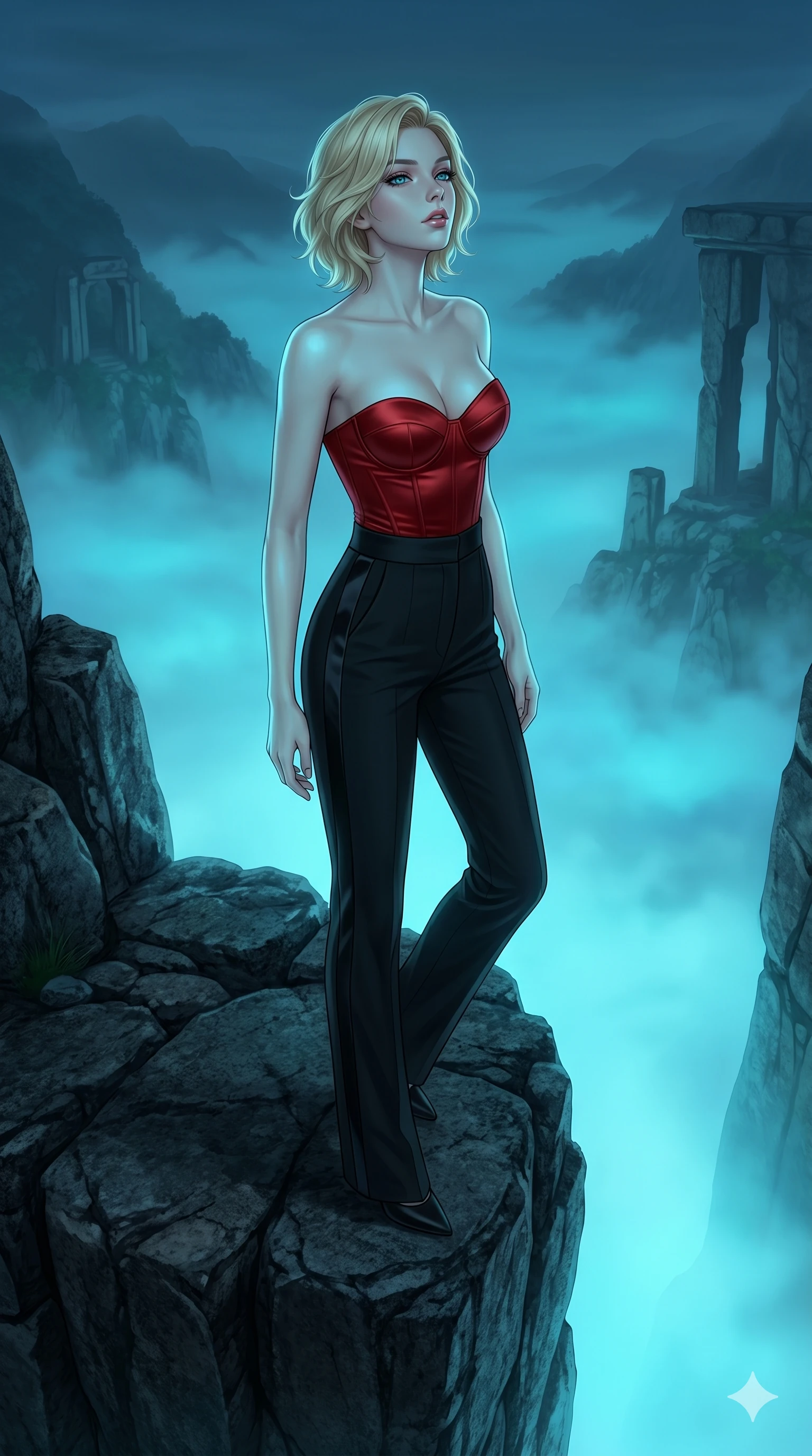 score_9, masterpiece, best quality, ultra-detailed, high-budget anime keyframe, editorial fashion photography, tasteful artistic composition, Caucasian woman, strictly human ears. cowboy shot from the thighs up, character and outfit filling the frame for maximum editorial presence. Tilting her chin up slightly with lips parted in a composed expression atop a tower of dark granite overlooking a valley covered in glowing blue fog. She has an absolutely perfect 8-heads proportion, an exceptionally tall and slender female figure with impossibly long slender legs and an ultra-slim waist. V-shaped jawline, high-bridge nose, intricate jewel-like eyes with depth, thick eyelashes, glossy lips with a natural sheen. wearing a structured bustier in scarlet red satin, paired with high-waist black tailored trousers with a satin stripe down the leg. illuminated by soft aqua bioluminescent light that makes her skin luminously glow against the dark. 2k, ultra detail, master piece, 9:16 ratio
